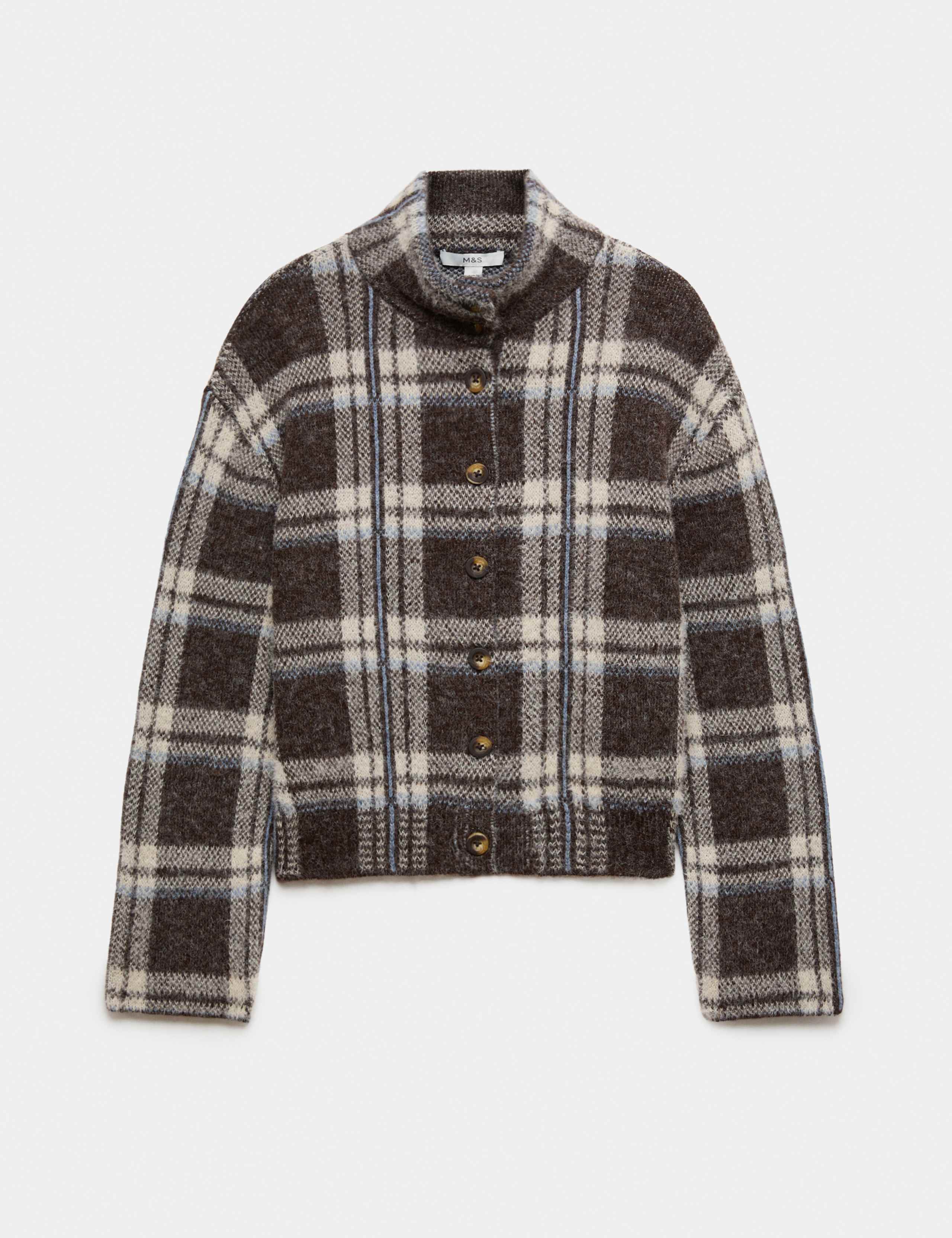 Checked Funnel Neck Relaxed Fit Knitted Jacket 2 of 6