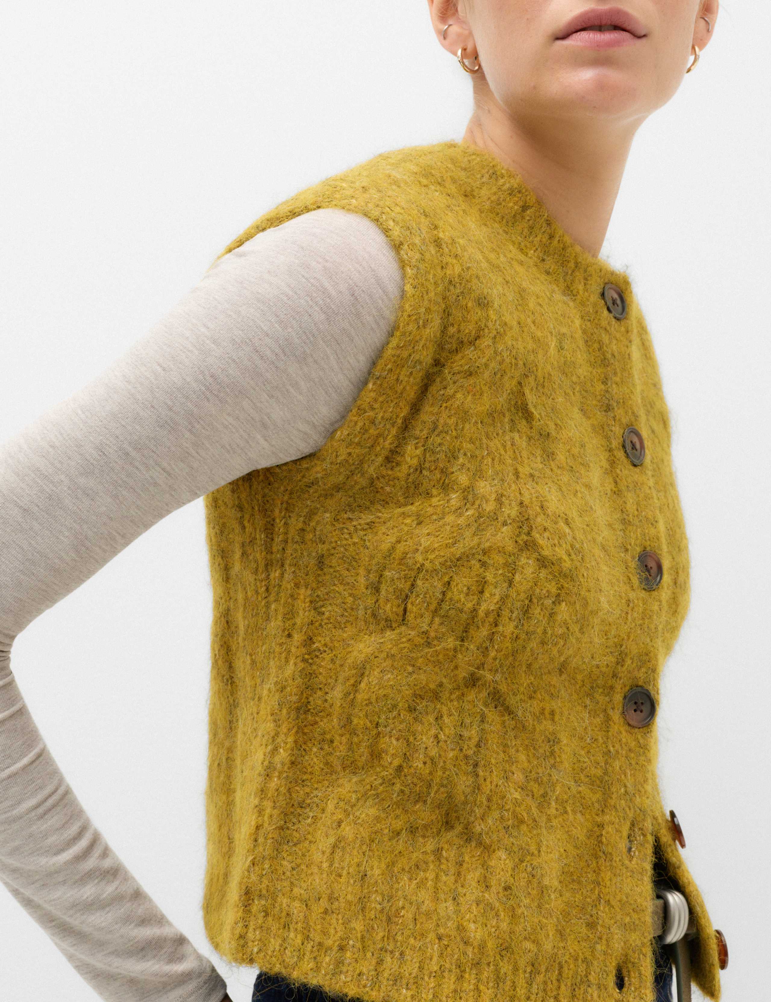 Cable Knit Crew Neck Cropped Knitted Waistcoat With Wool 3 of 6