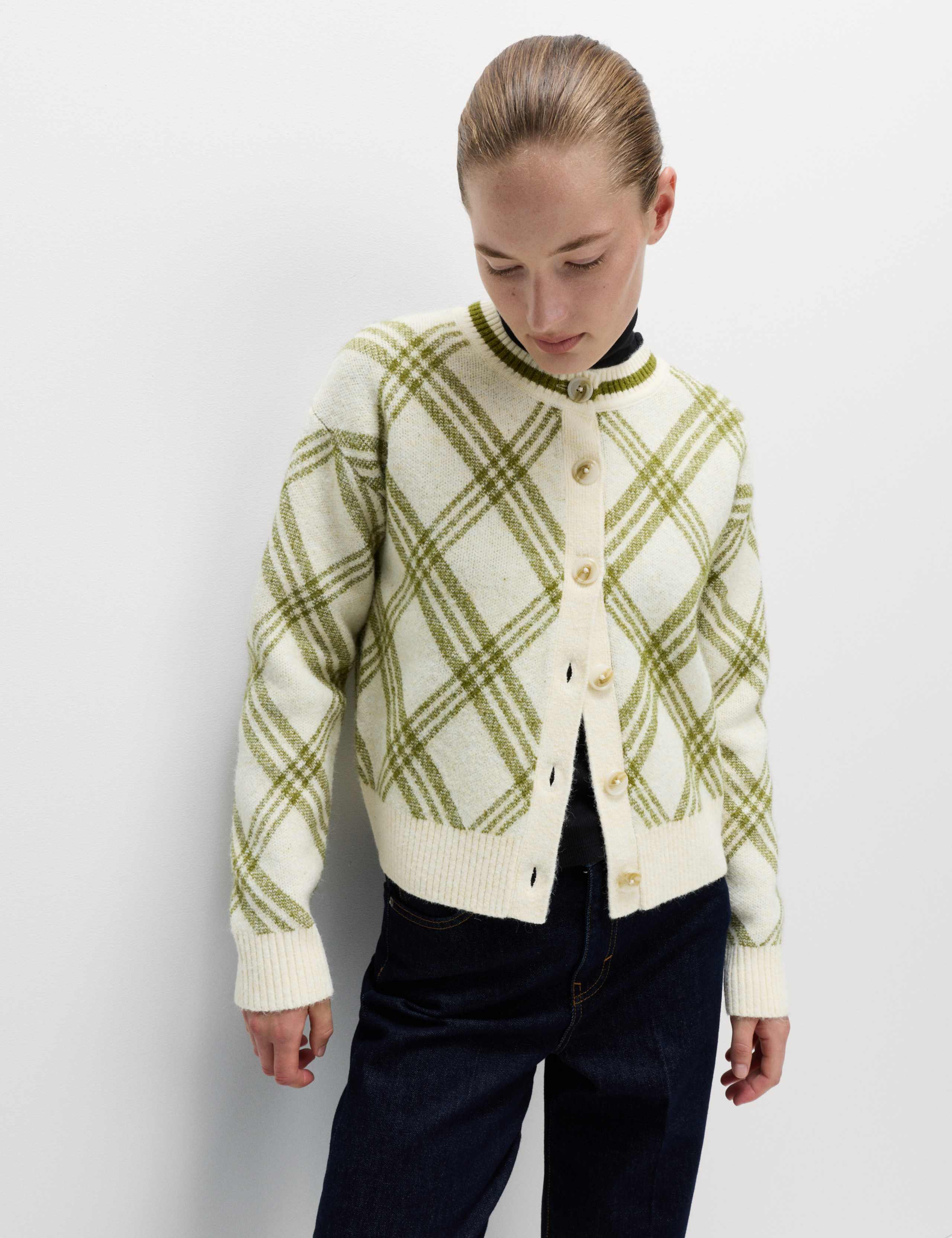 Checked Crew Neck Cardigan With Wool 4 of 8