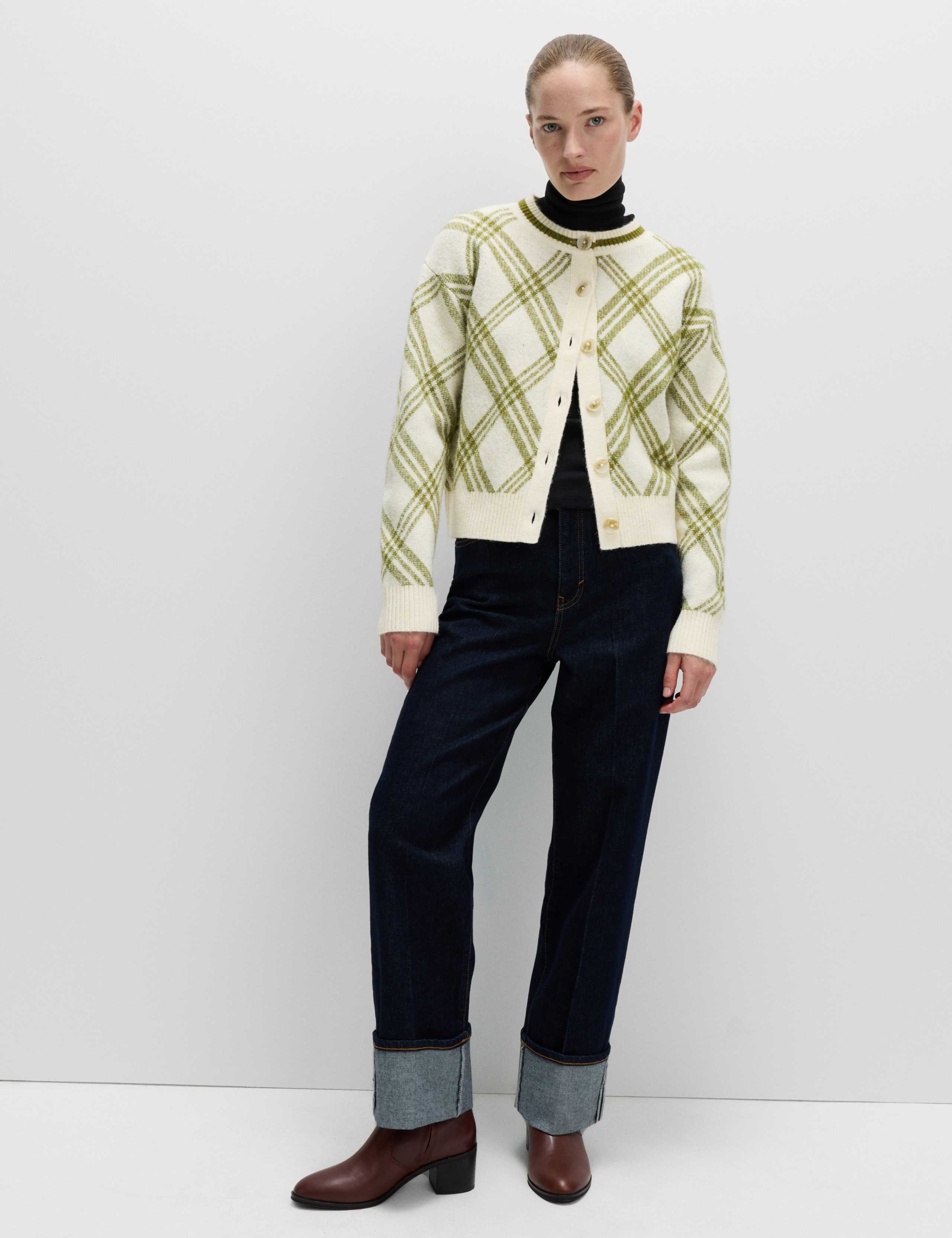 Checked Crew Neck Cardigan With Wool 6 of 8