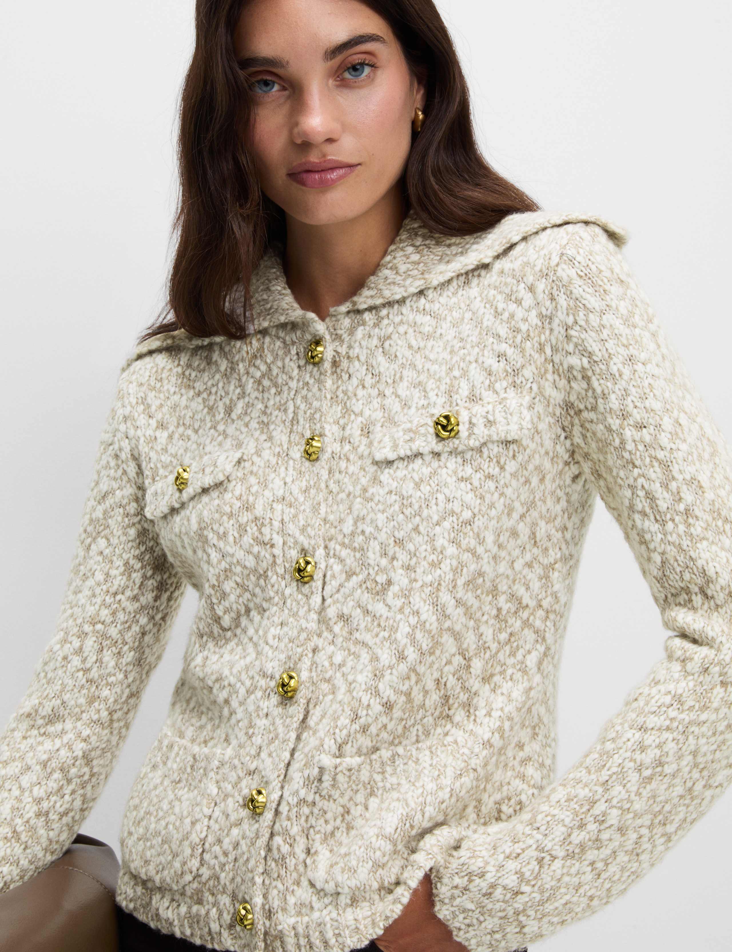 Collared Button Front Pocket Detail Cardigan With Wool 1 of 4