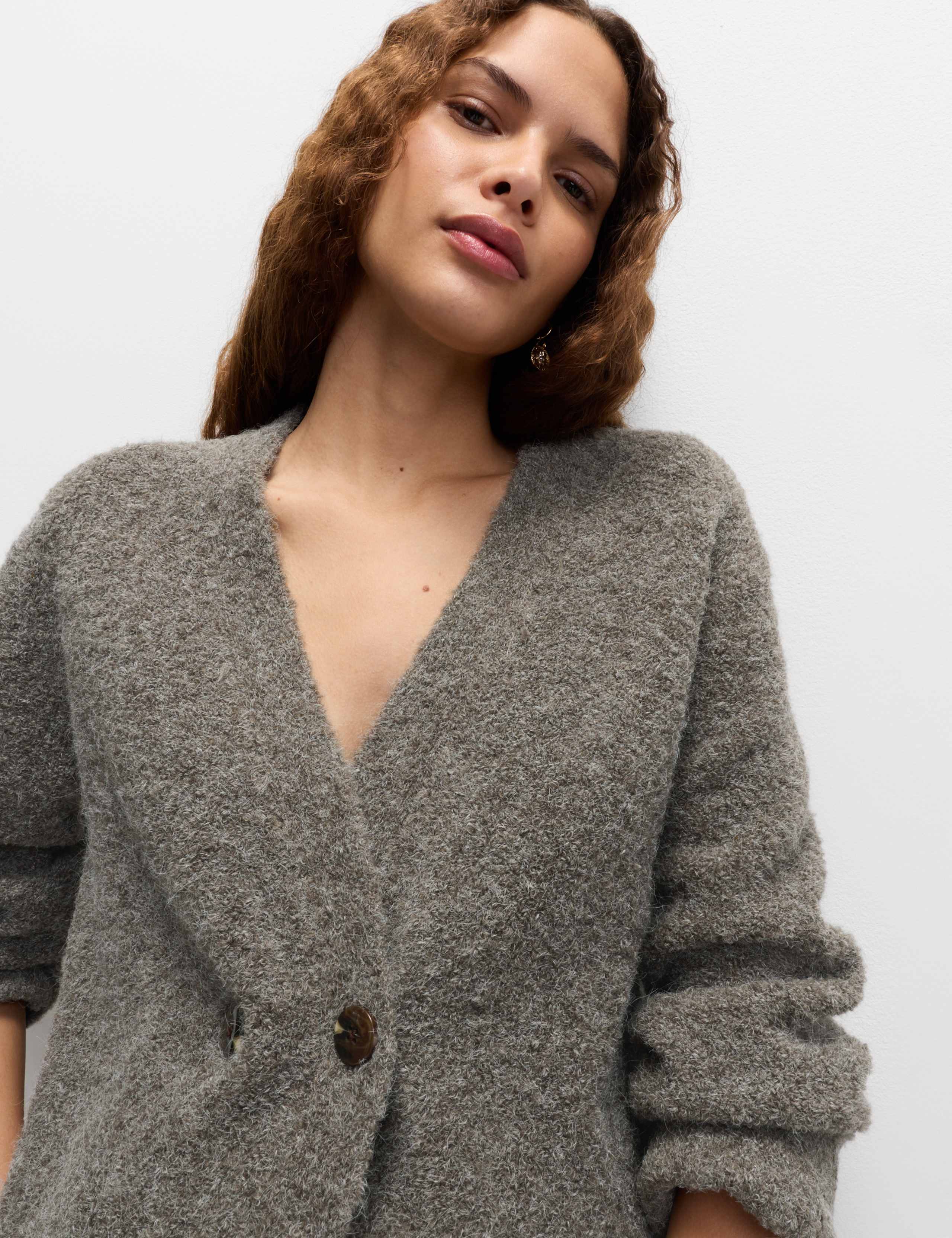 Bouclé V-Neck Button Front Cardigan with Wool 1 of 6