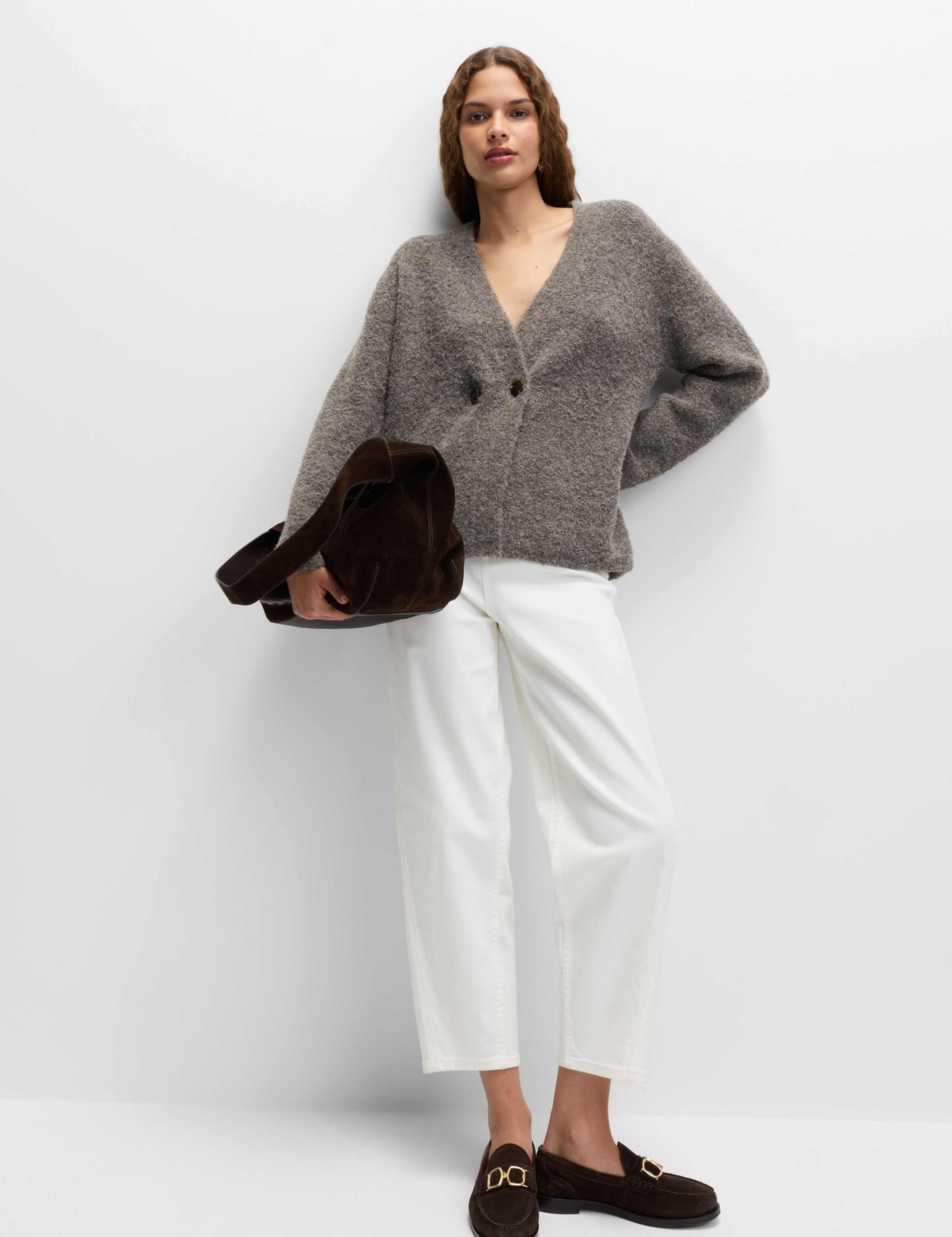 Bouclé V-Neck Button Front Cardigan with Wool 3 of 6