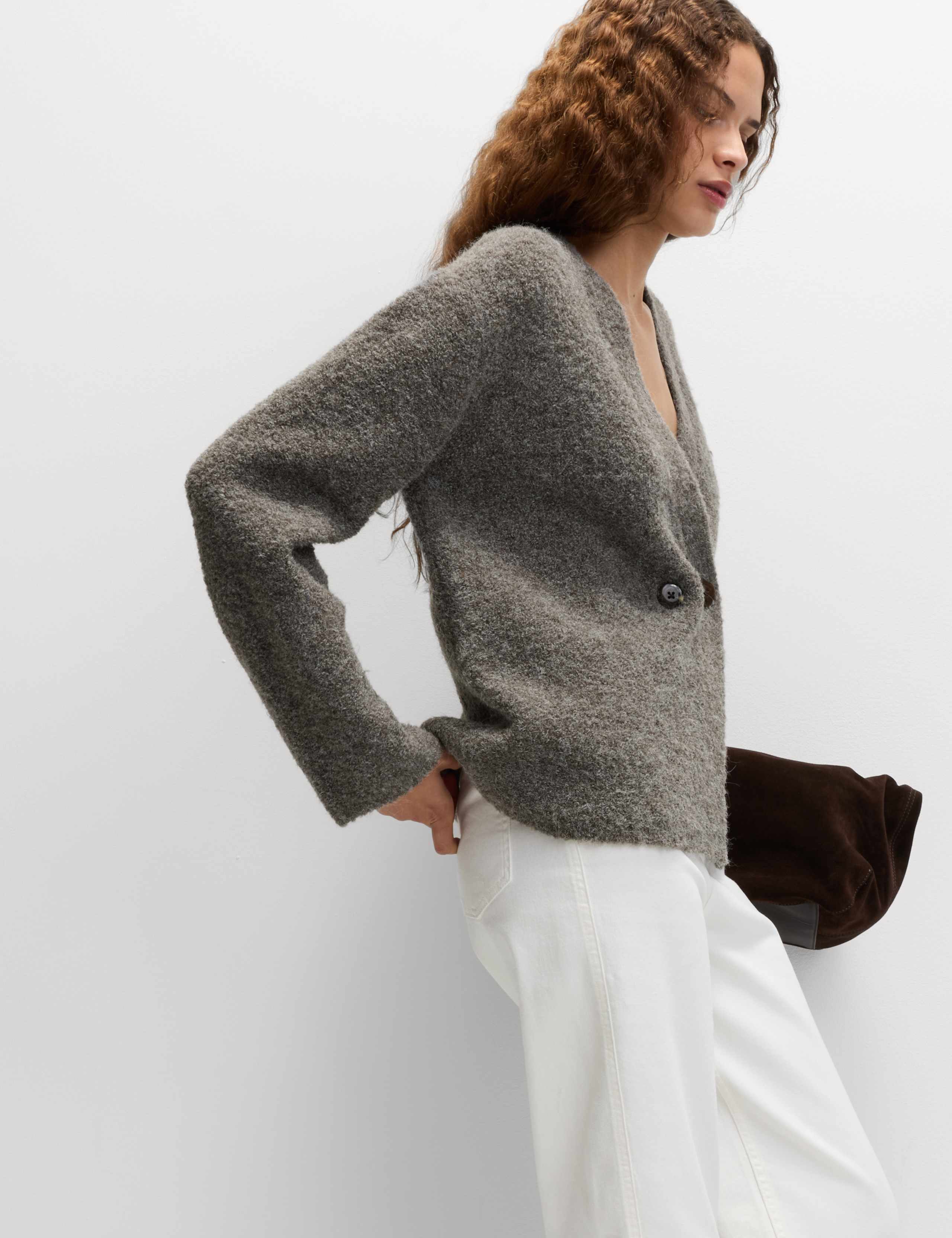 Bouclé V-Neck Button Front Cardigan with Wool 5 of 6