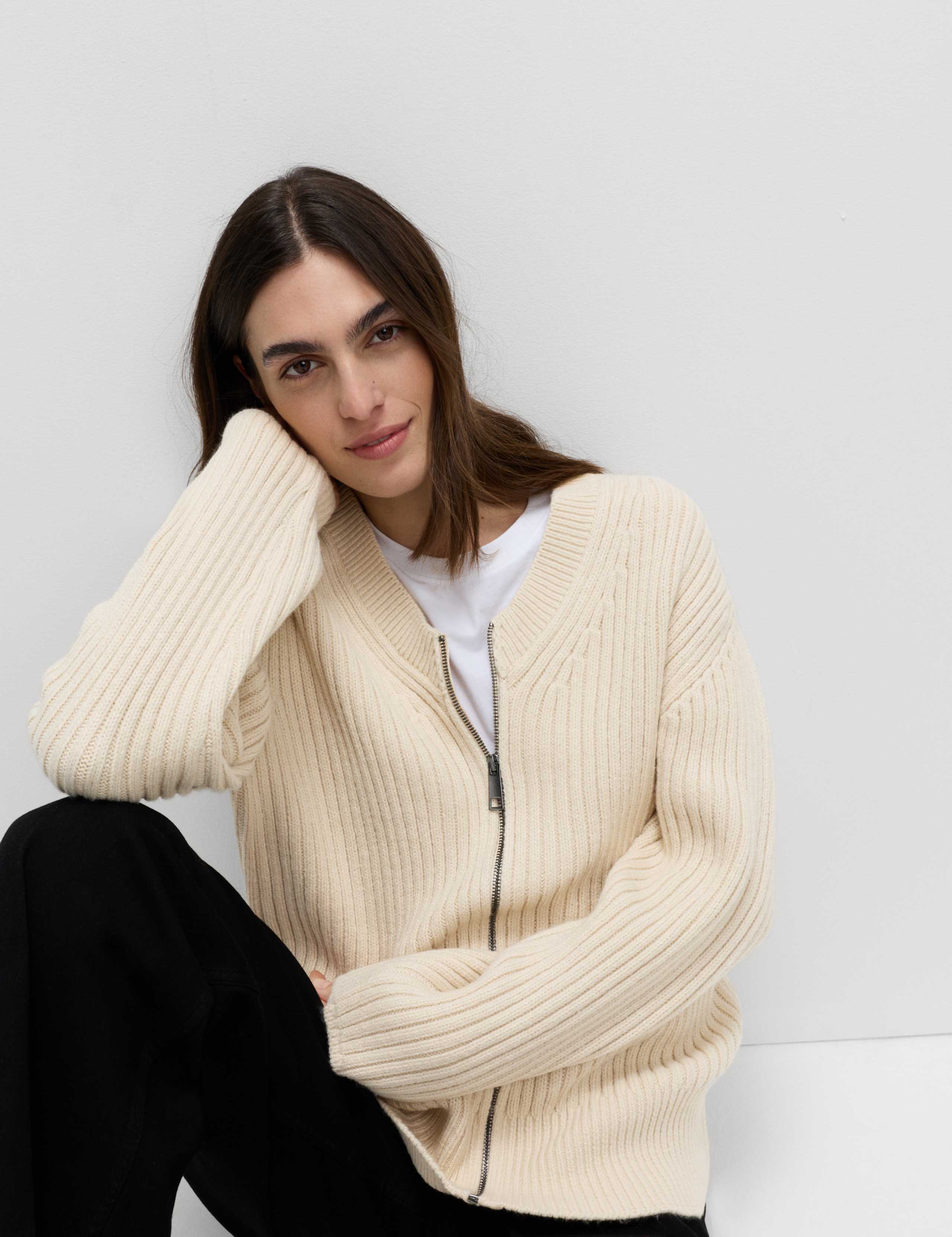 Wool Blend Ribbed Scarf Neck Zip Cardigan 5 of 6