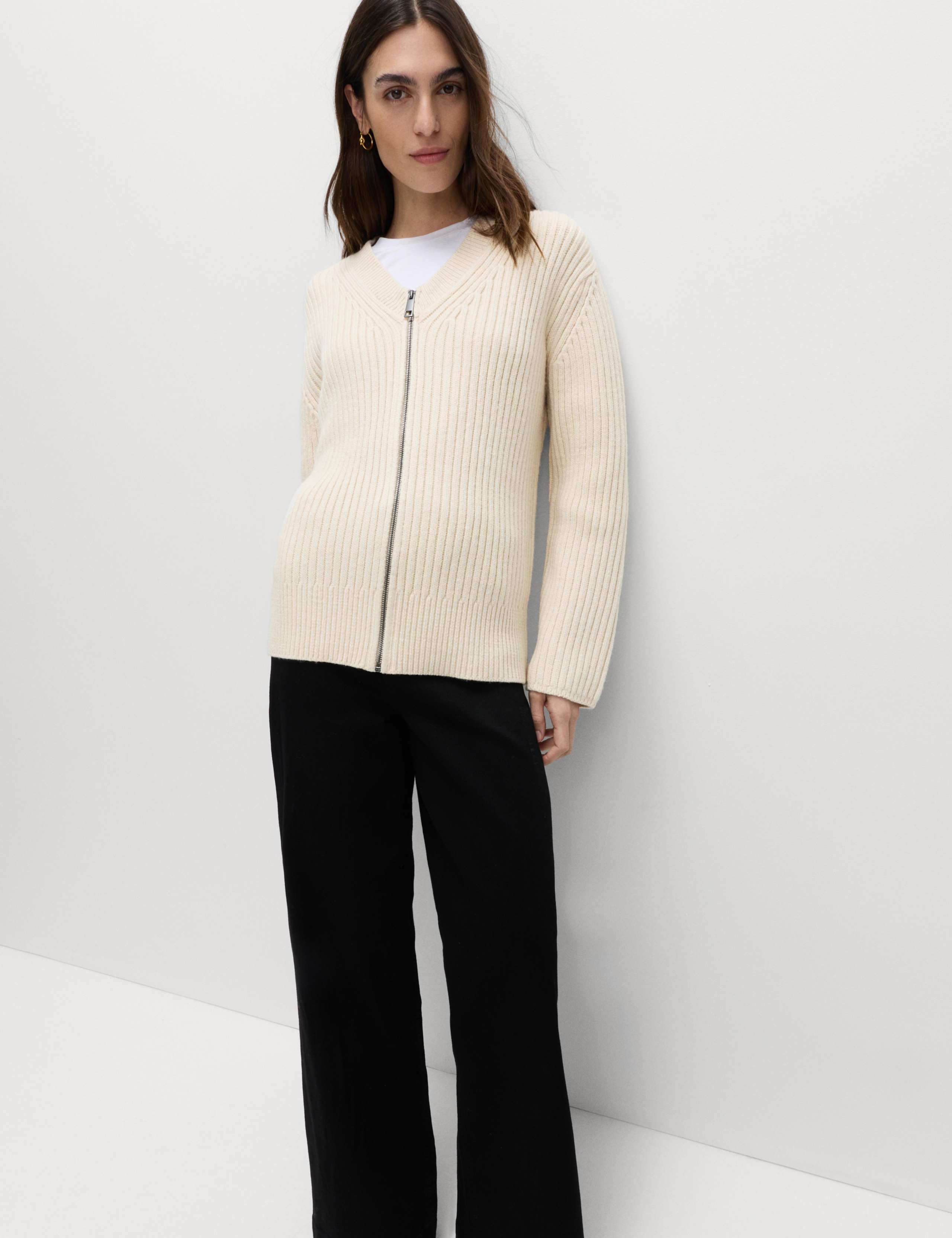 Wool Blend Ribbed Scarf Neck Zip Cardigan 6 of 6