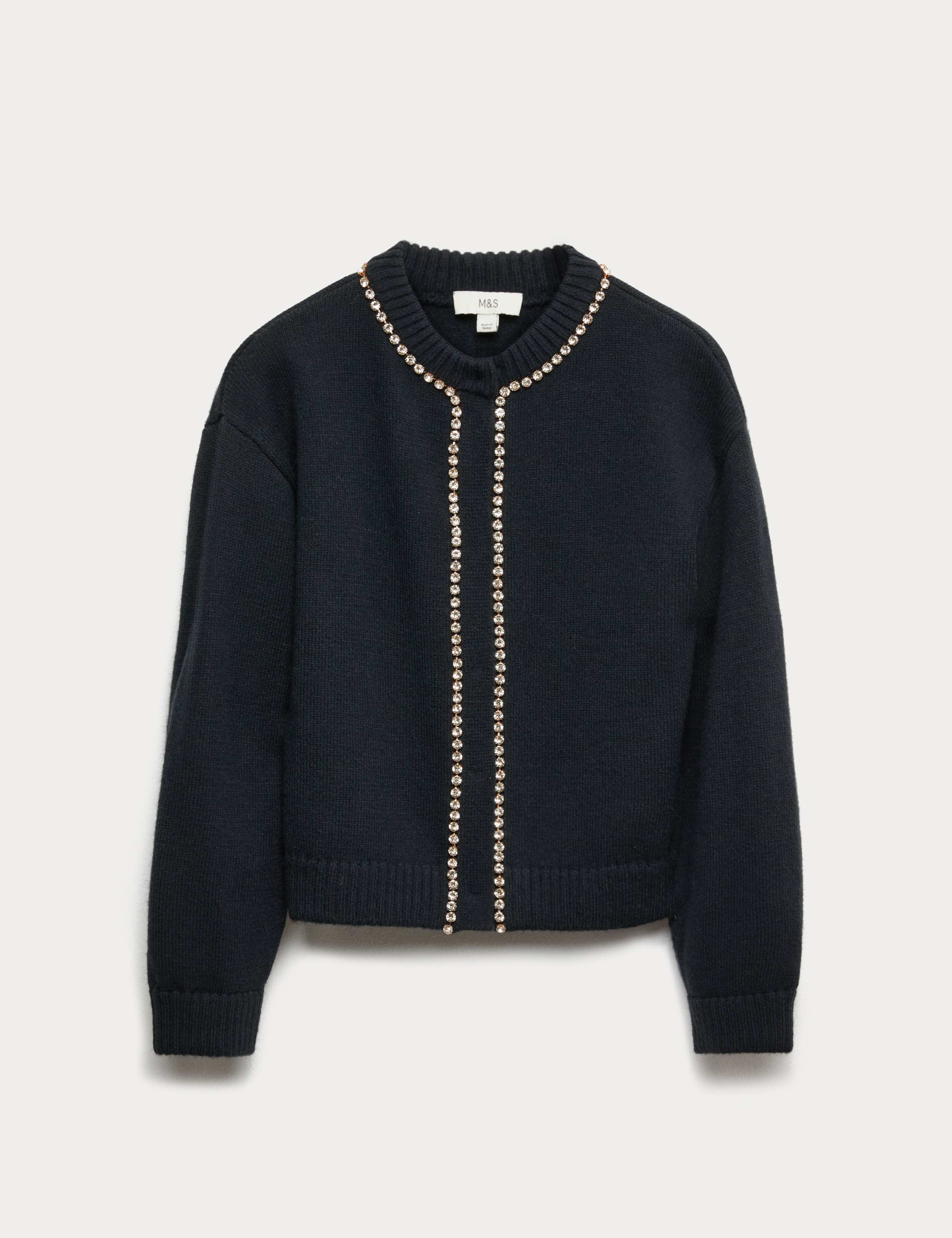 Gem Detail Crew Neck Cardigan with Wool 2 of 4