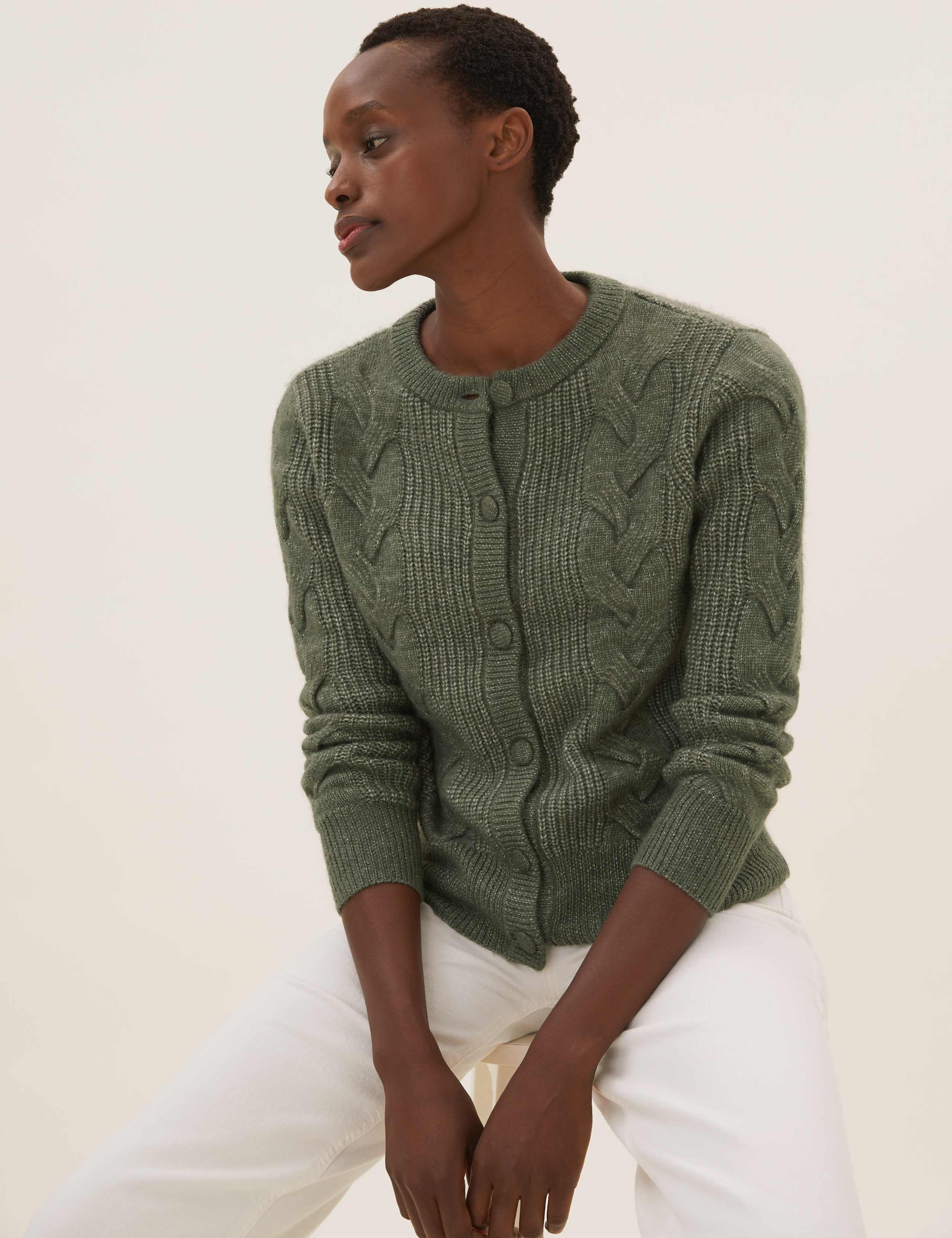 Cable Knit Button Front Cardigan with Wool 3 of 5