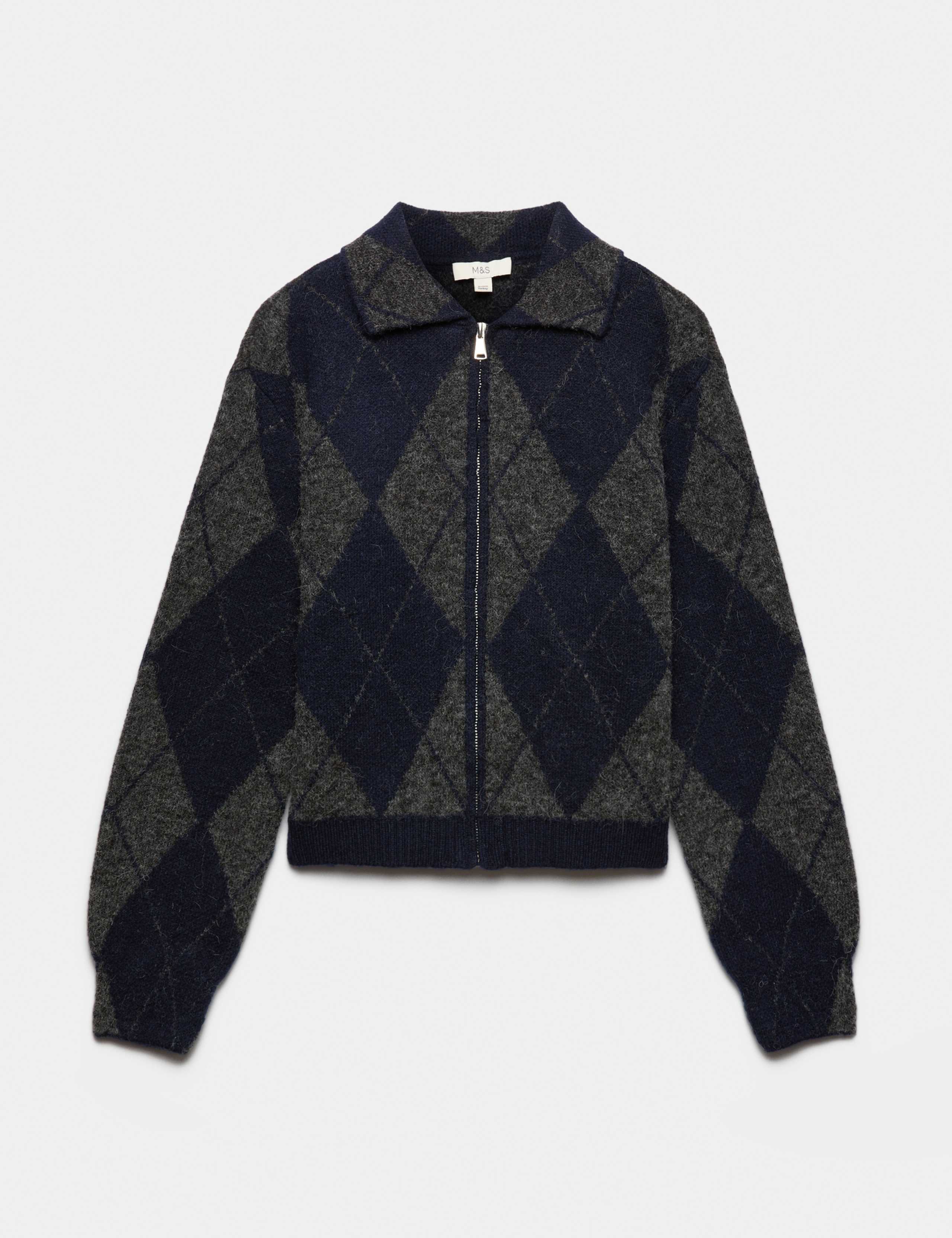 Argyle Collared Zip Up Knitted Jacket With Wool 2 of 6