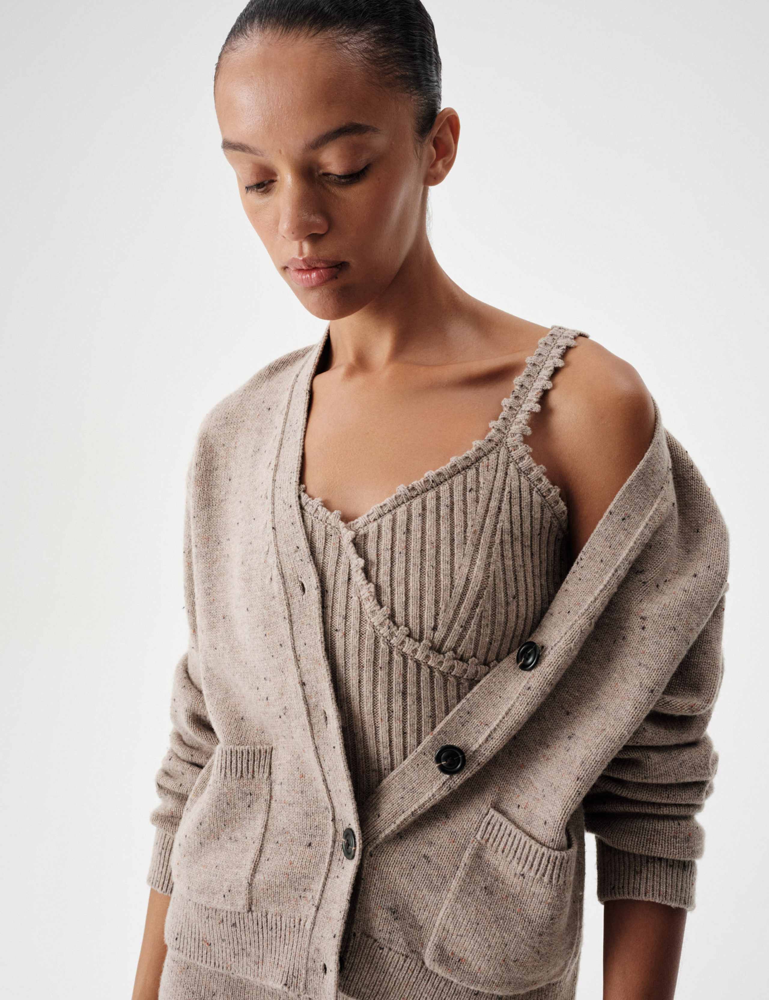 Wool Blend Textured V Neck Button Front Cardigan 5 of 7