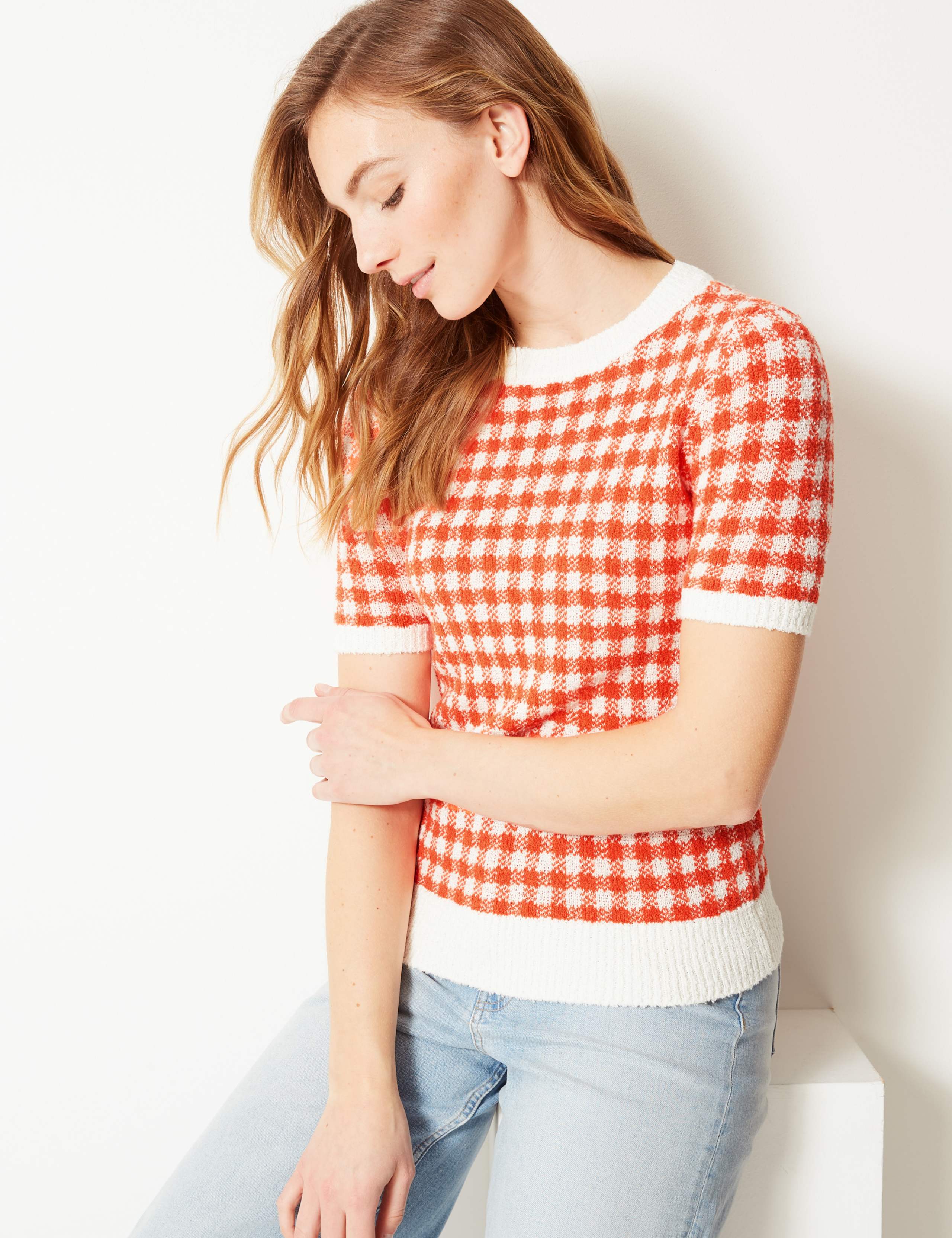 Checked Round Neck Short Sleeve Knitted Top 1 of 4