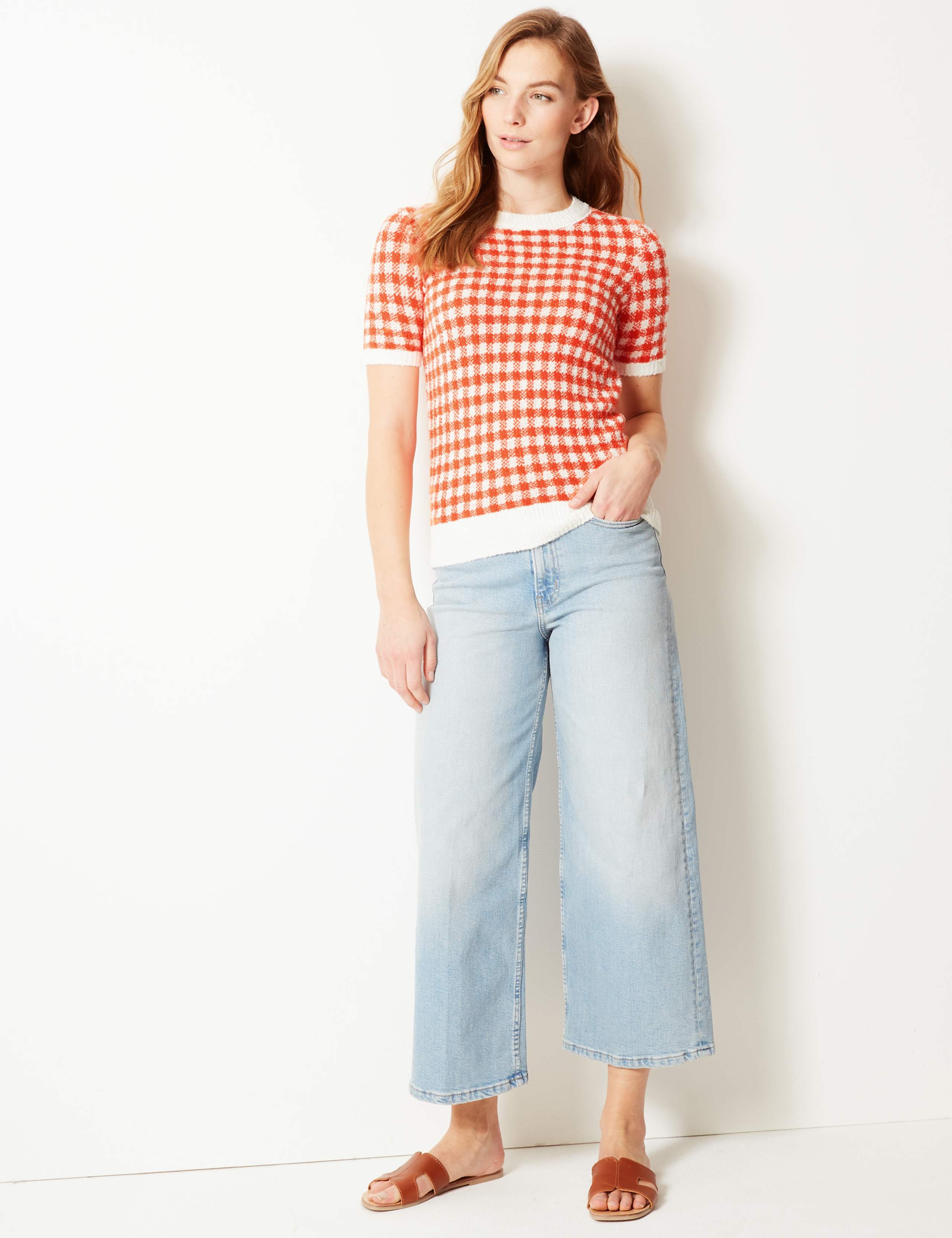 Checked Round Neck Short Sleeve Knitted Top 3 of 4