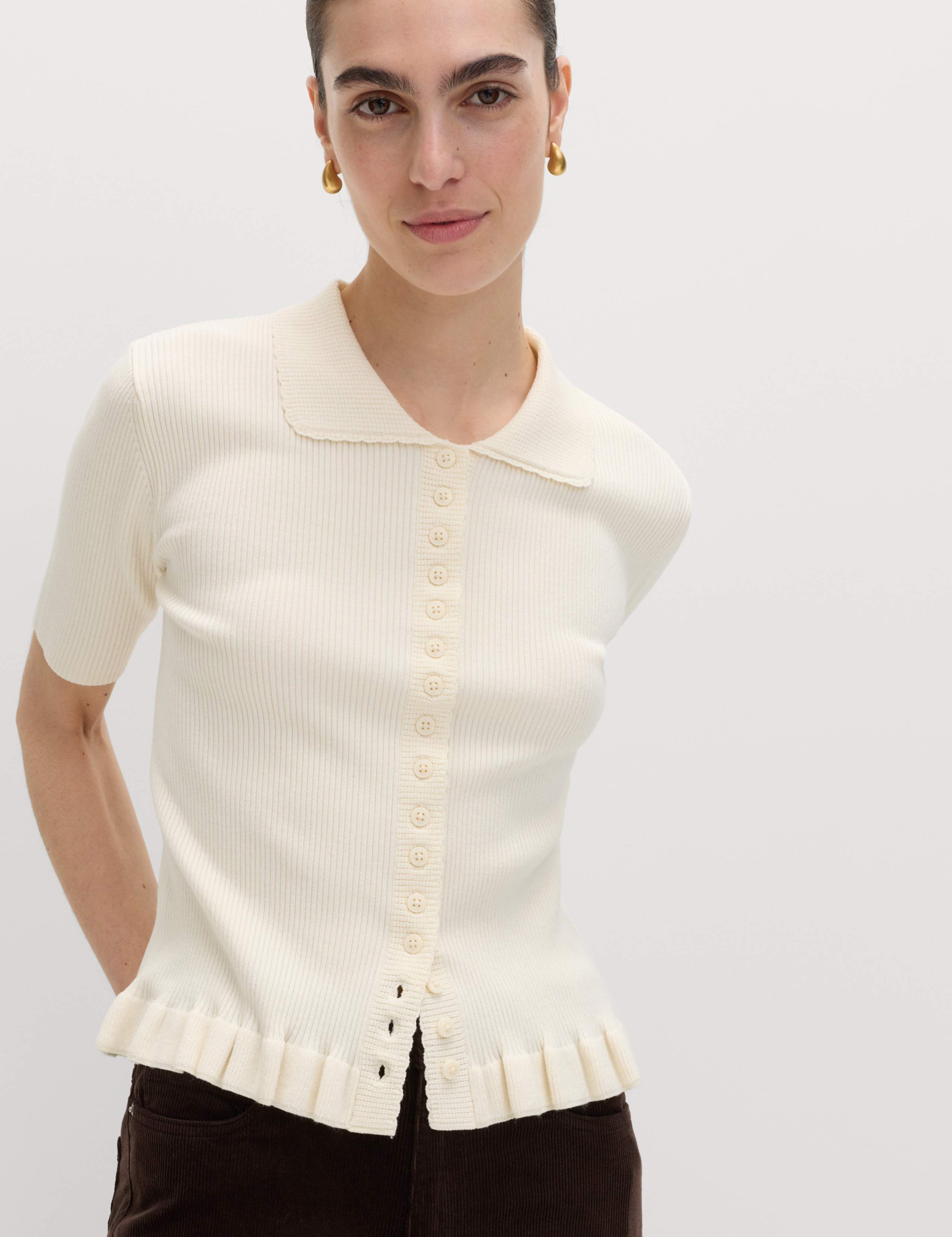 Ribbed Frill Detail Collared Cardigan 1 of 5