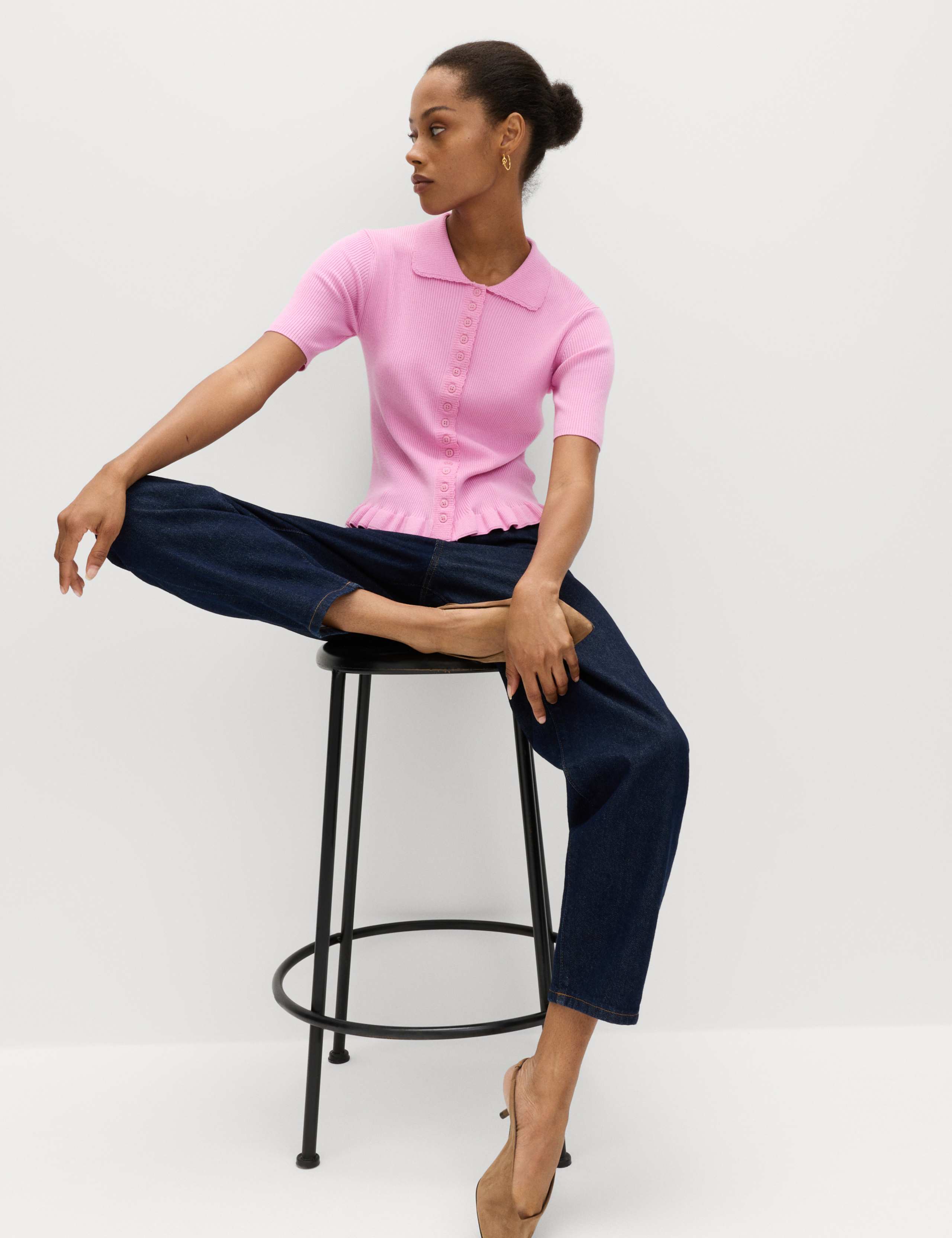 Ribbed Frill Detail Collared Cardigan 4 of 5