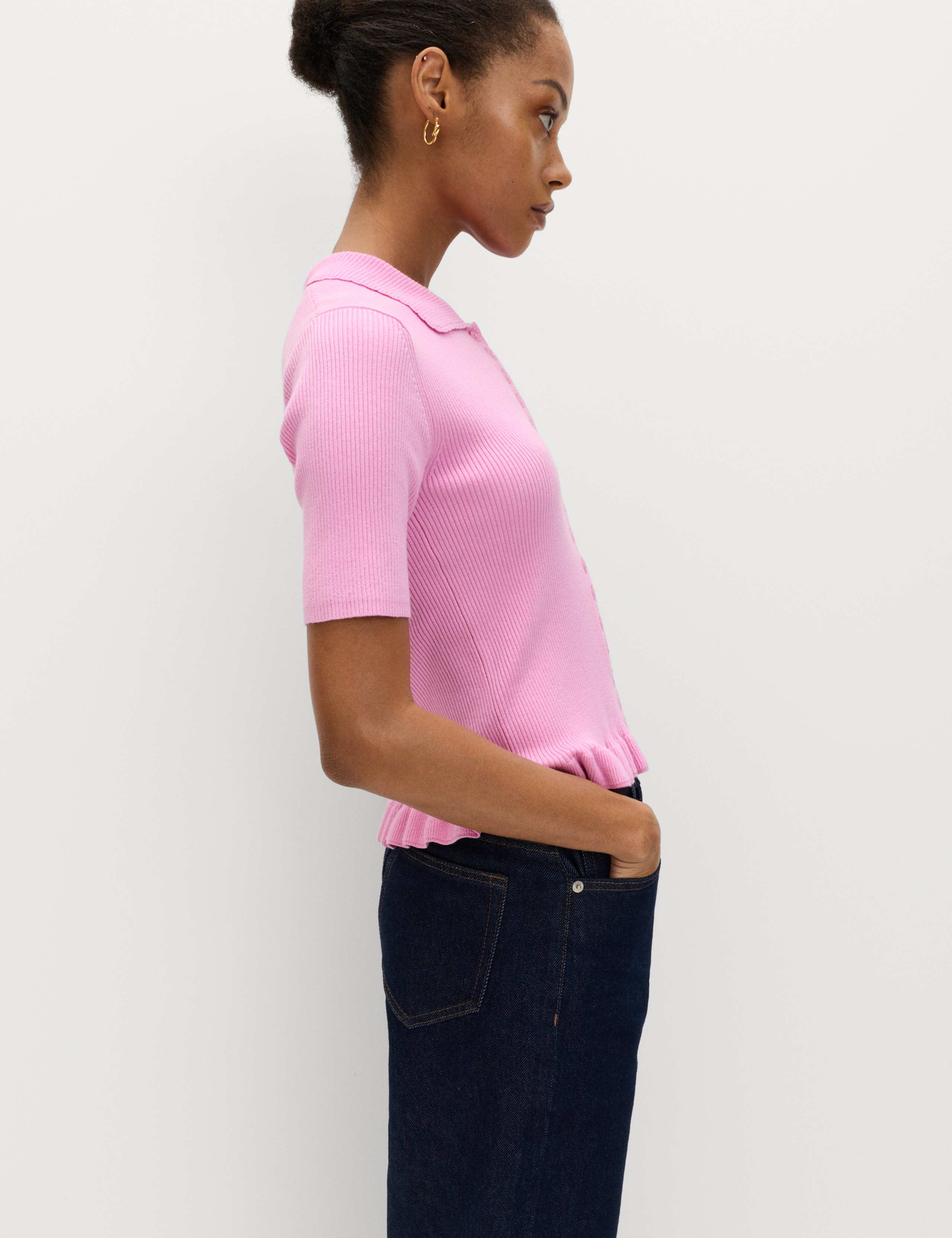 Ribbed Frill Detail Collared Cardigan 5 of 5