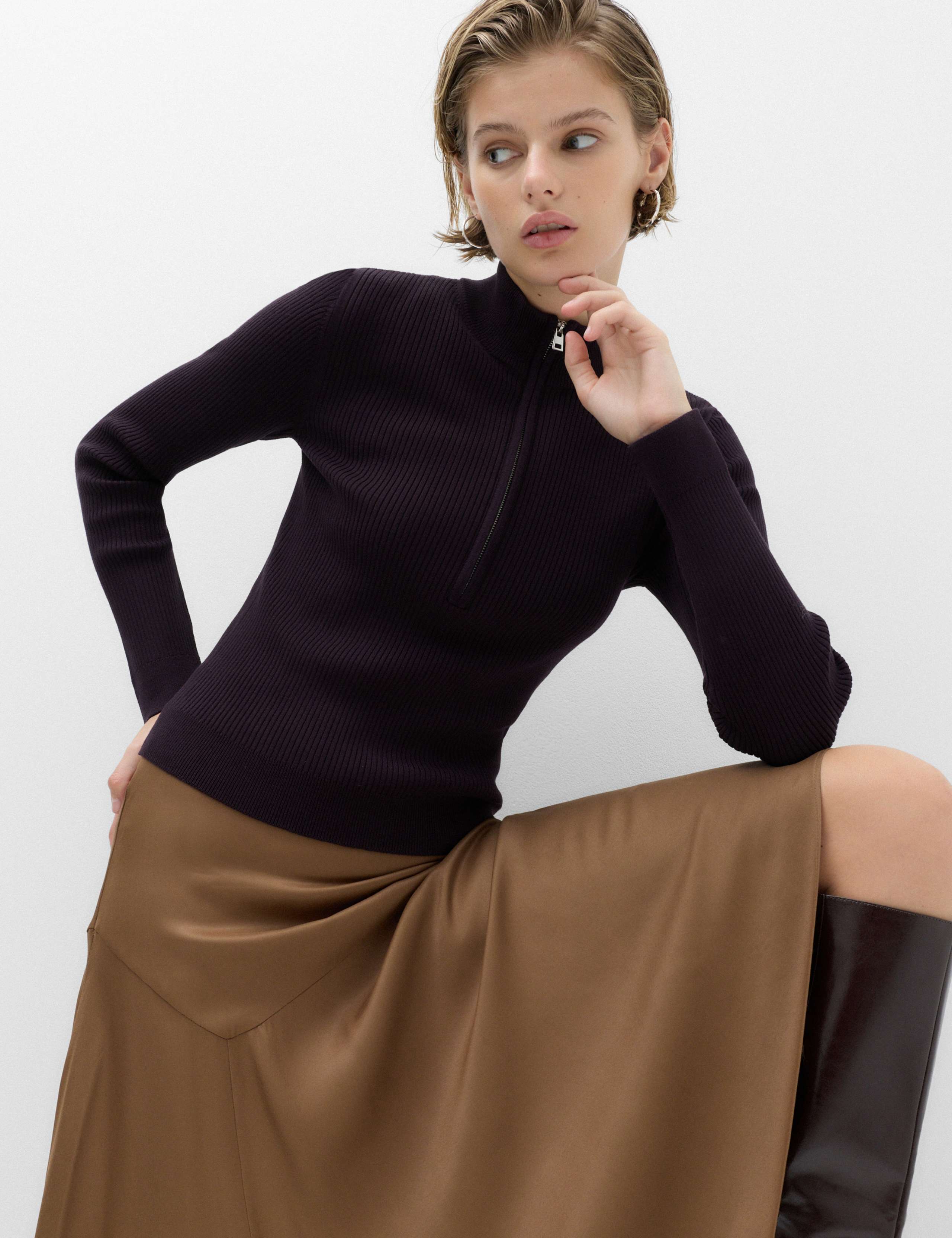 Ribbed Textured Half Zip Fitted Knitted Top 5 of 5