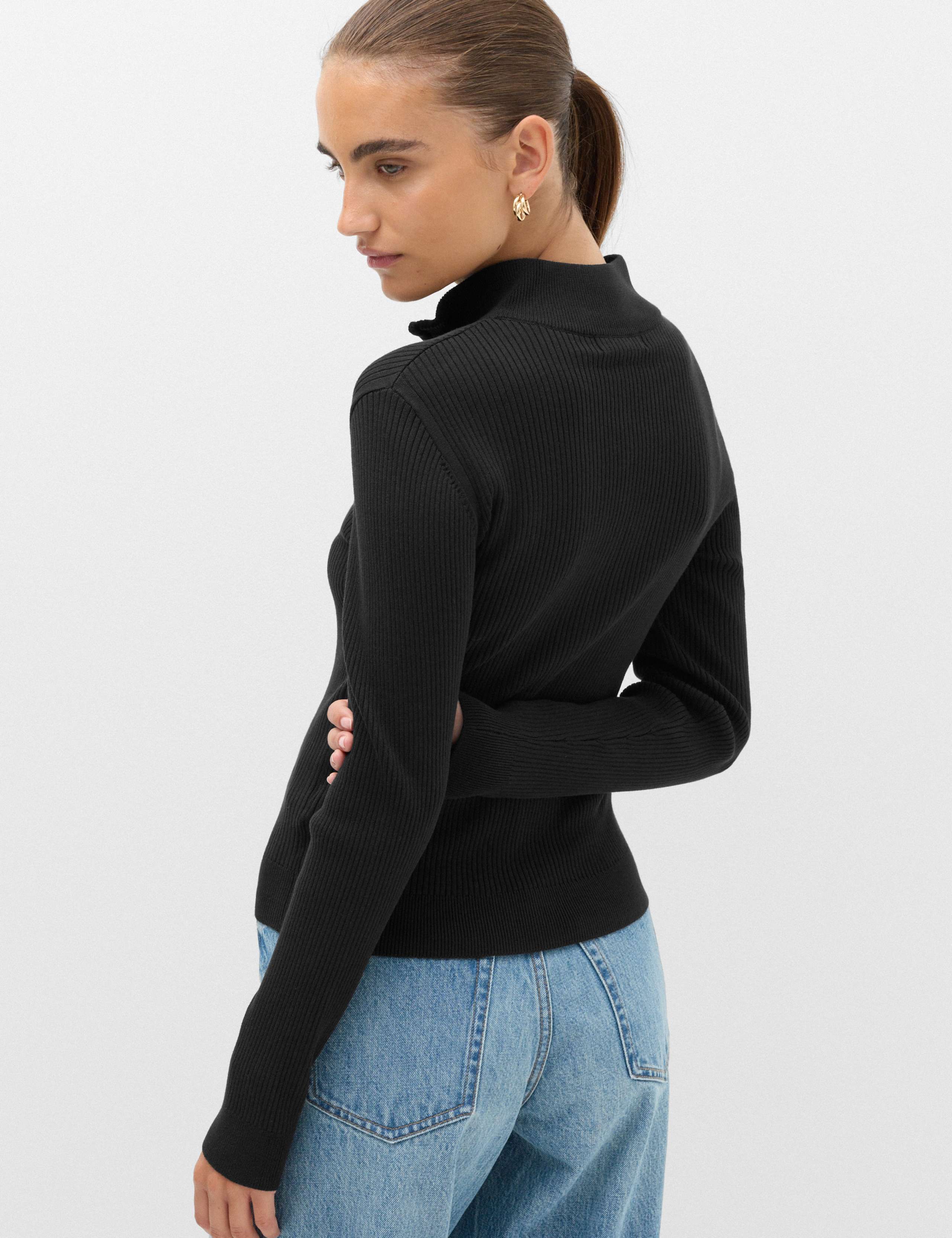 Ribbed Textured Half Zip Fitted Knitted Top 3 of 5