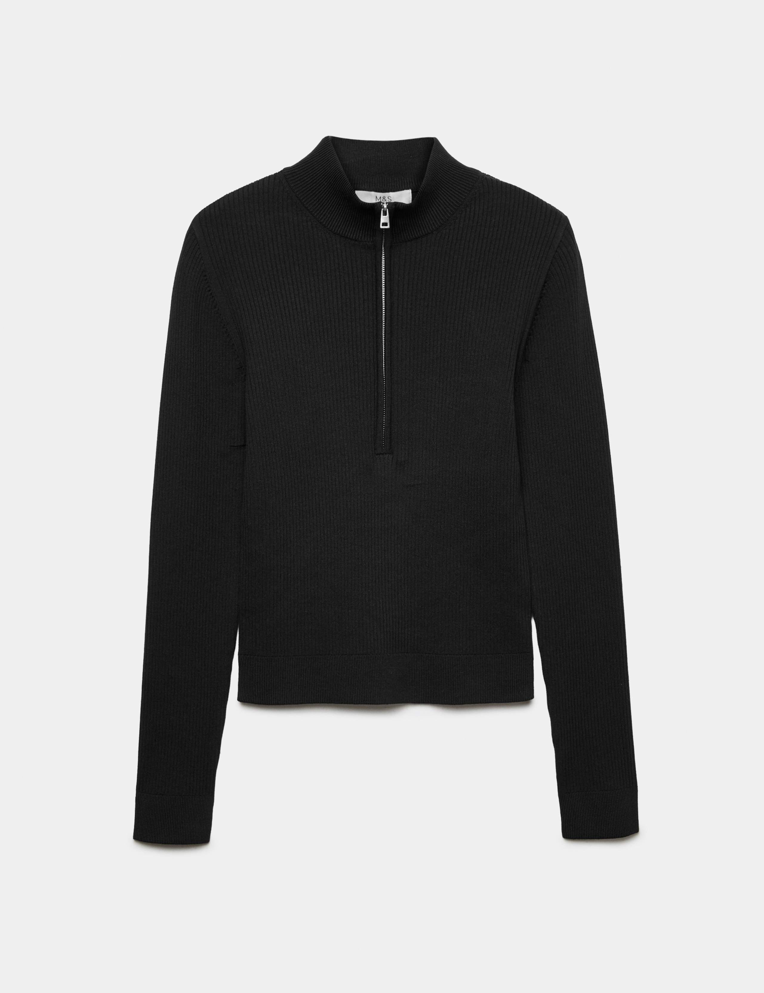 Ribbed Textured Half Zip Fitted Knitted Top 2 of 5