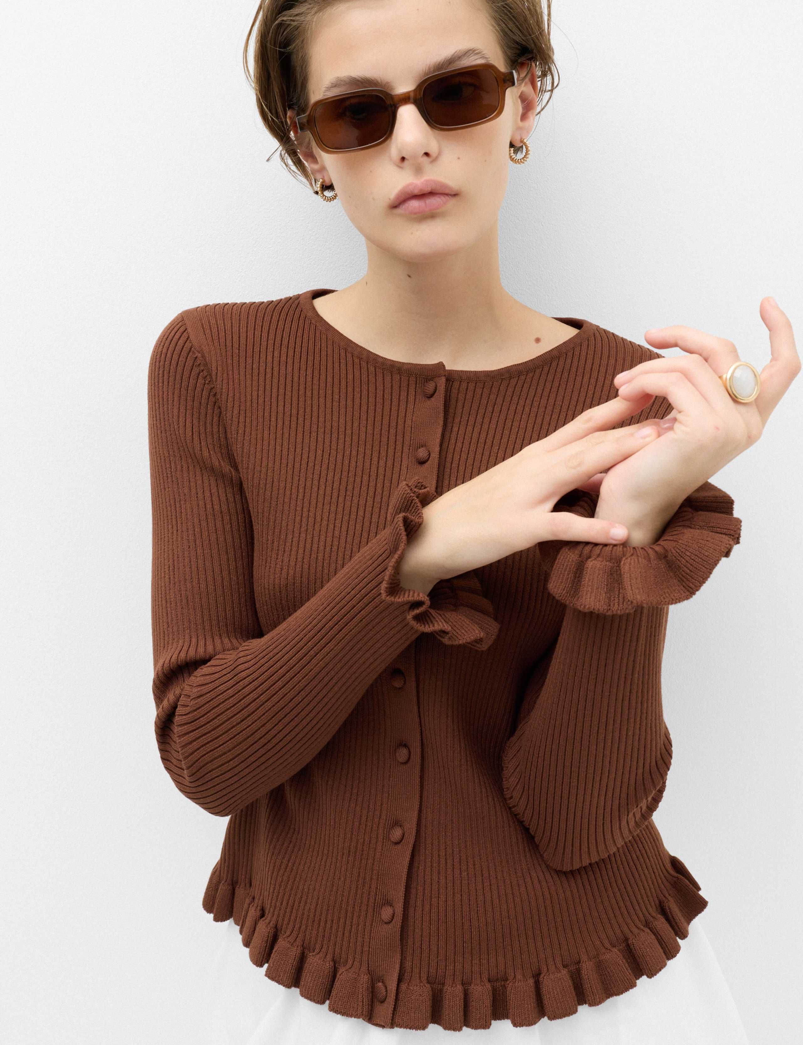 Ribbed Frill Detail Slim Fit Cardigan 1 of 6
