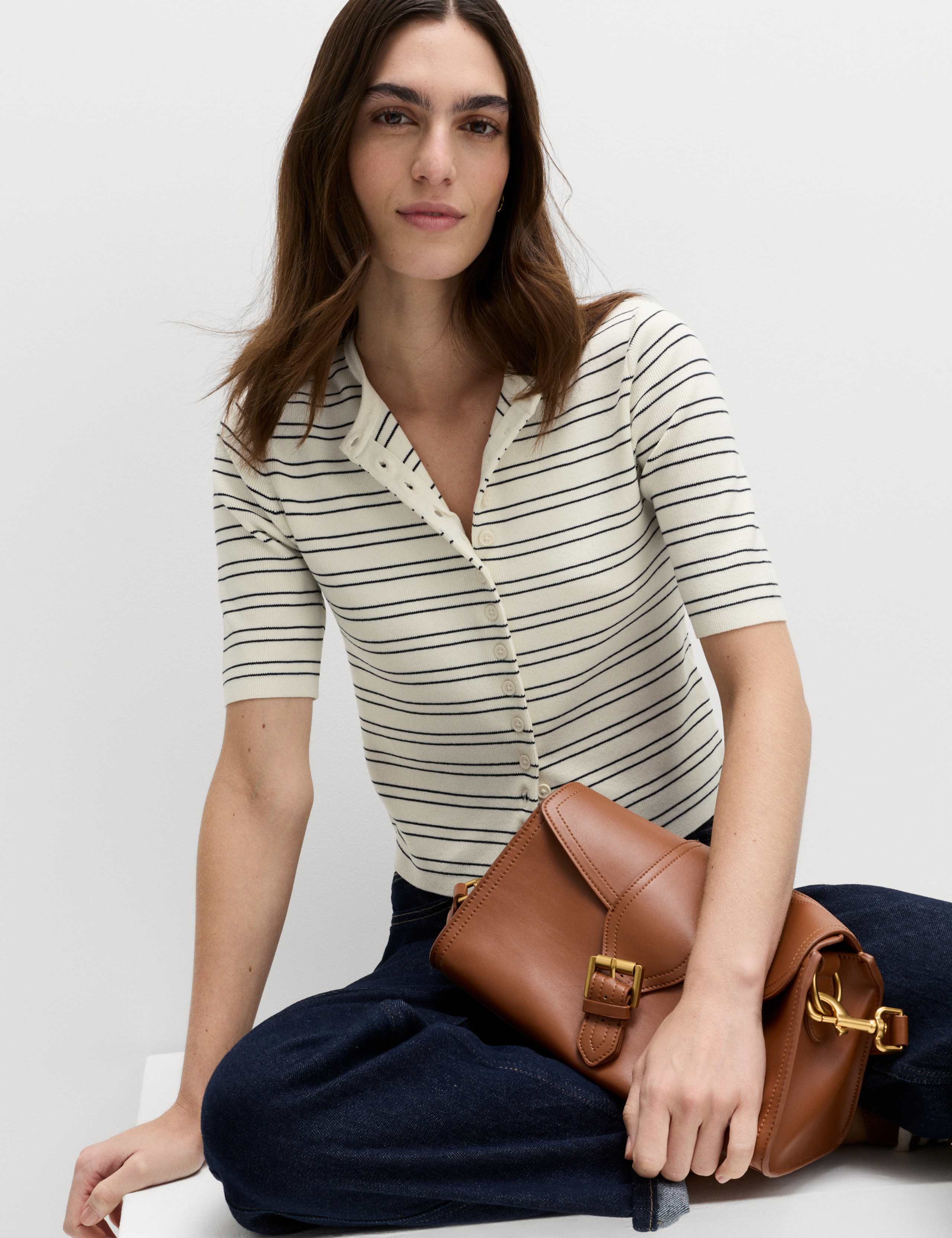 Striped Crew Neck Cropped Cardigan 1 of 5