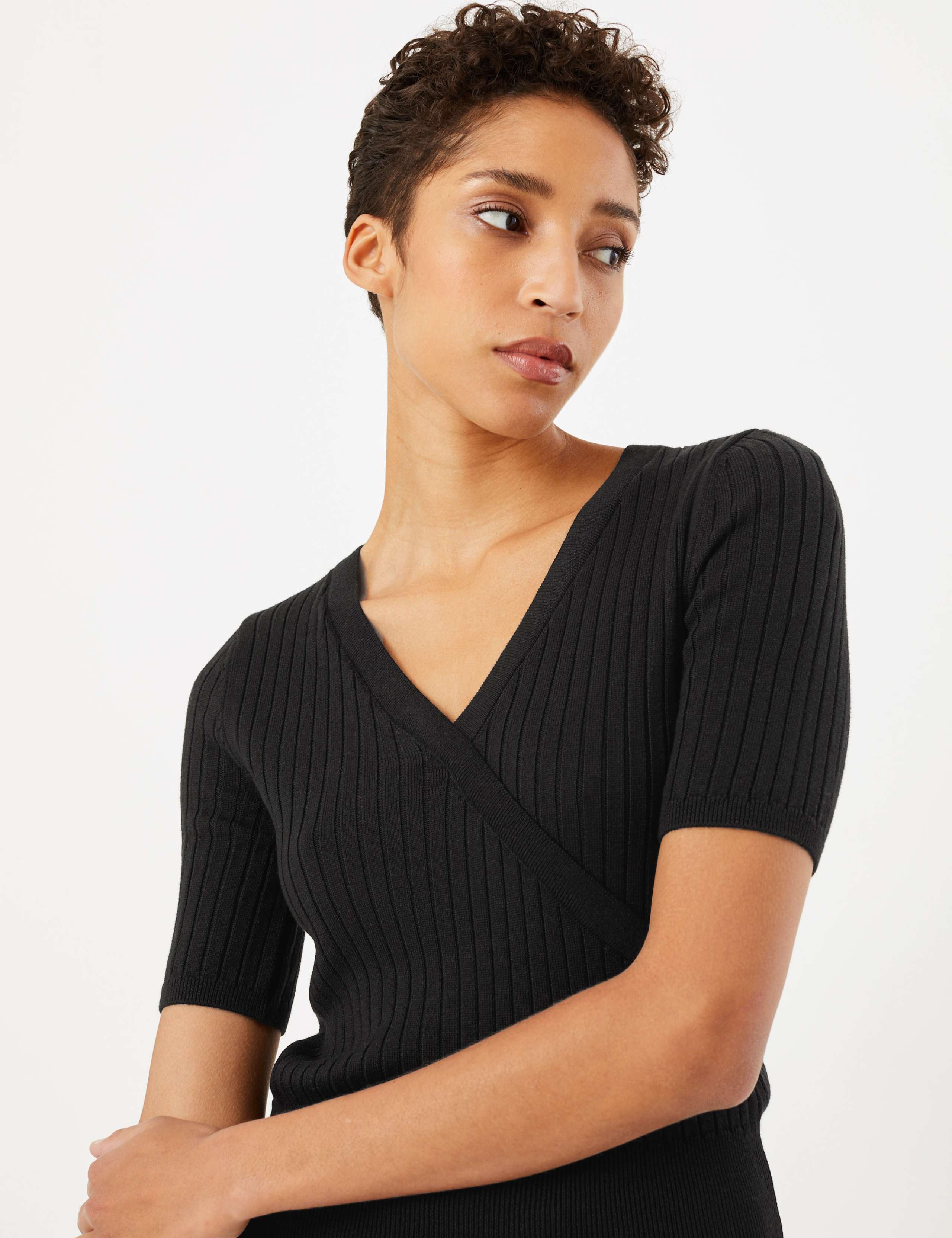 Knitted V-Neck Mock Wrap Top 1 of 4