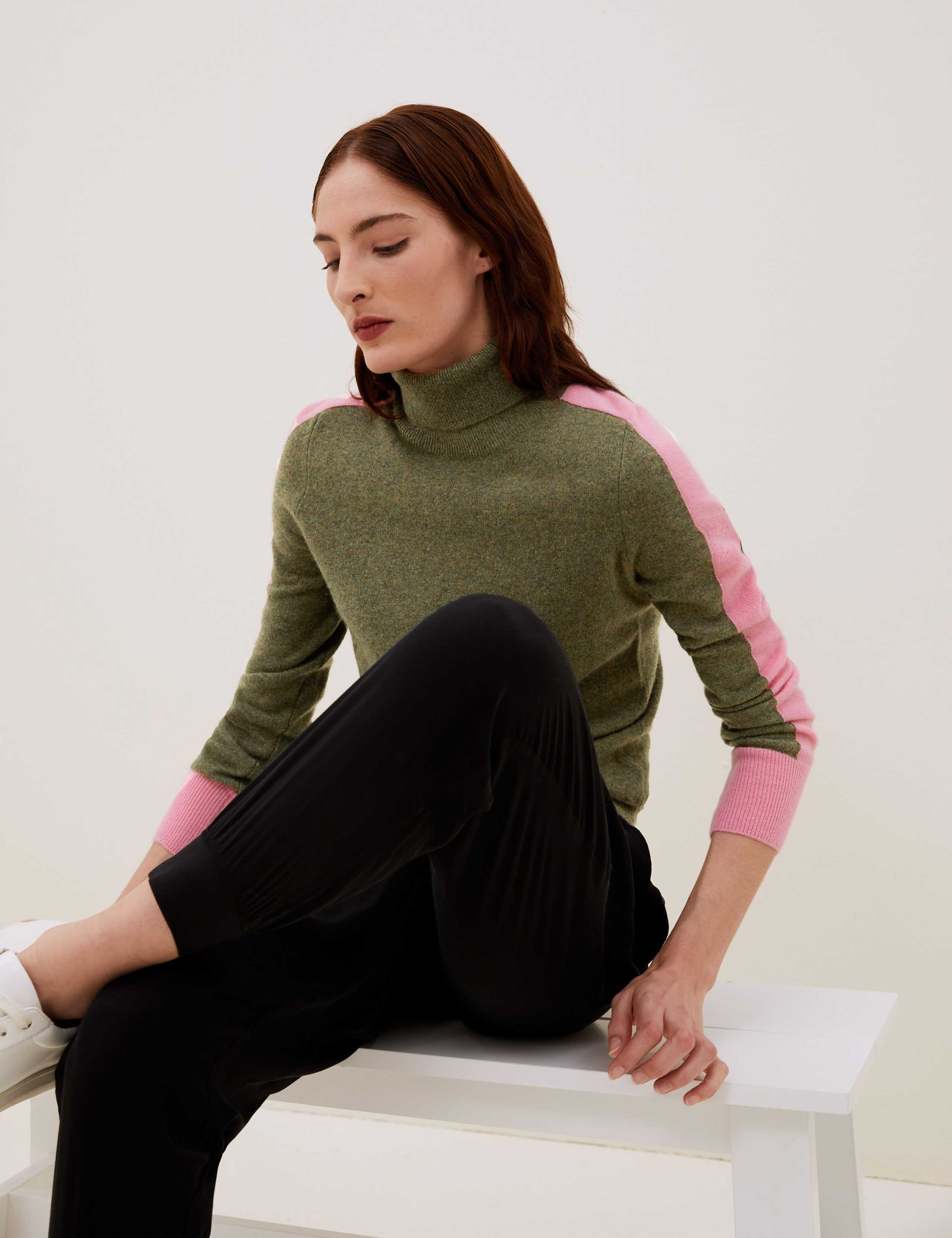 Pure Cashmere Striped Arm Roll Neck Jumper 1 of 6