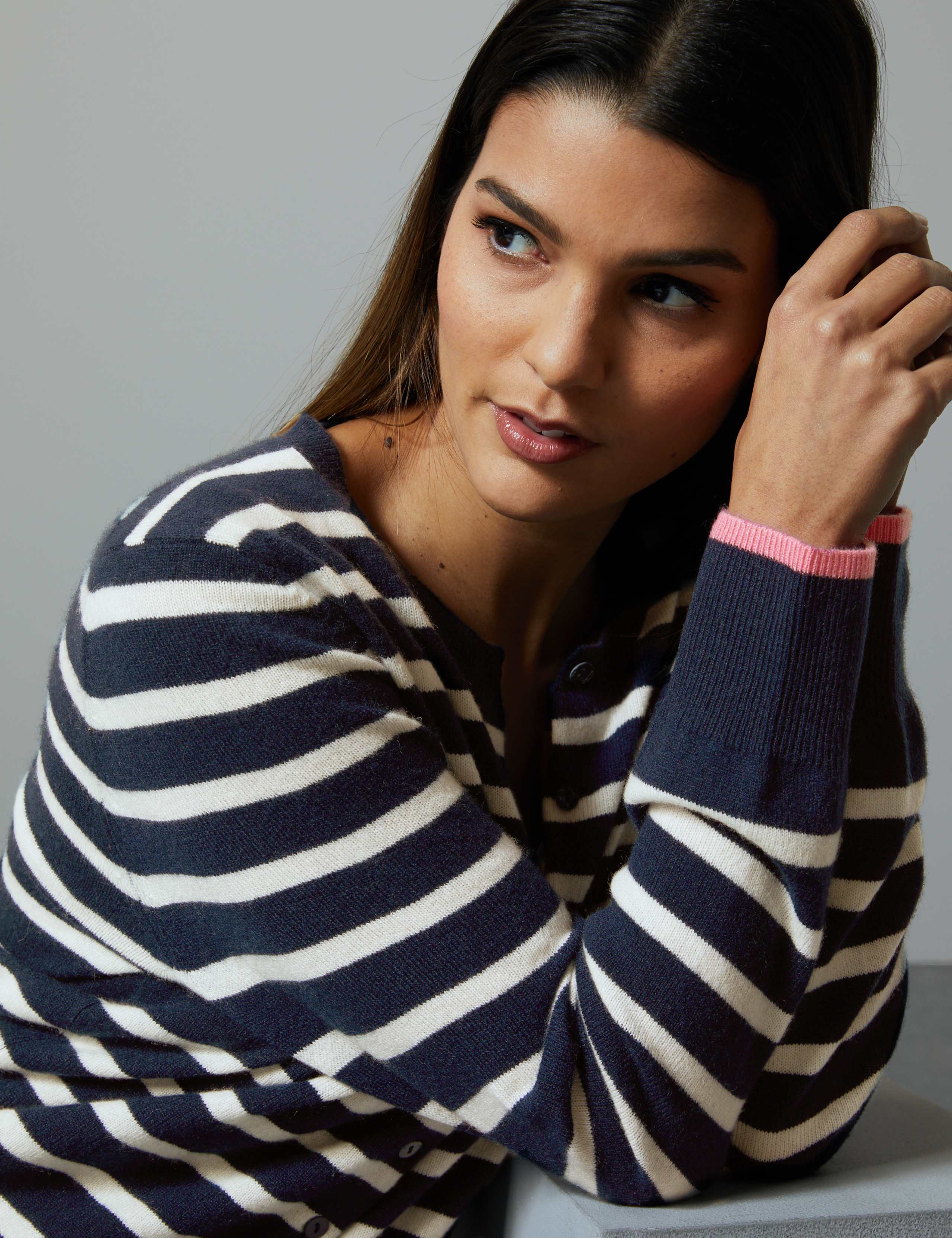 Pure Cashmere Striped Round Neck Cardigan 1 of 4