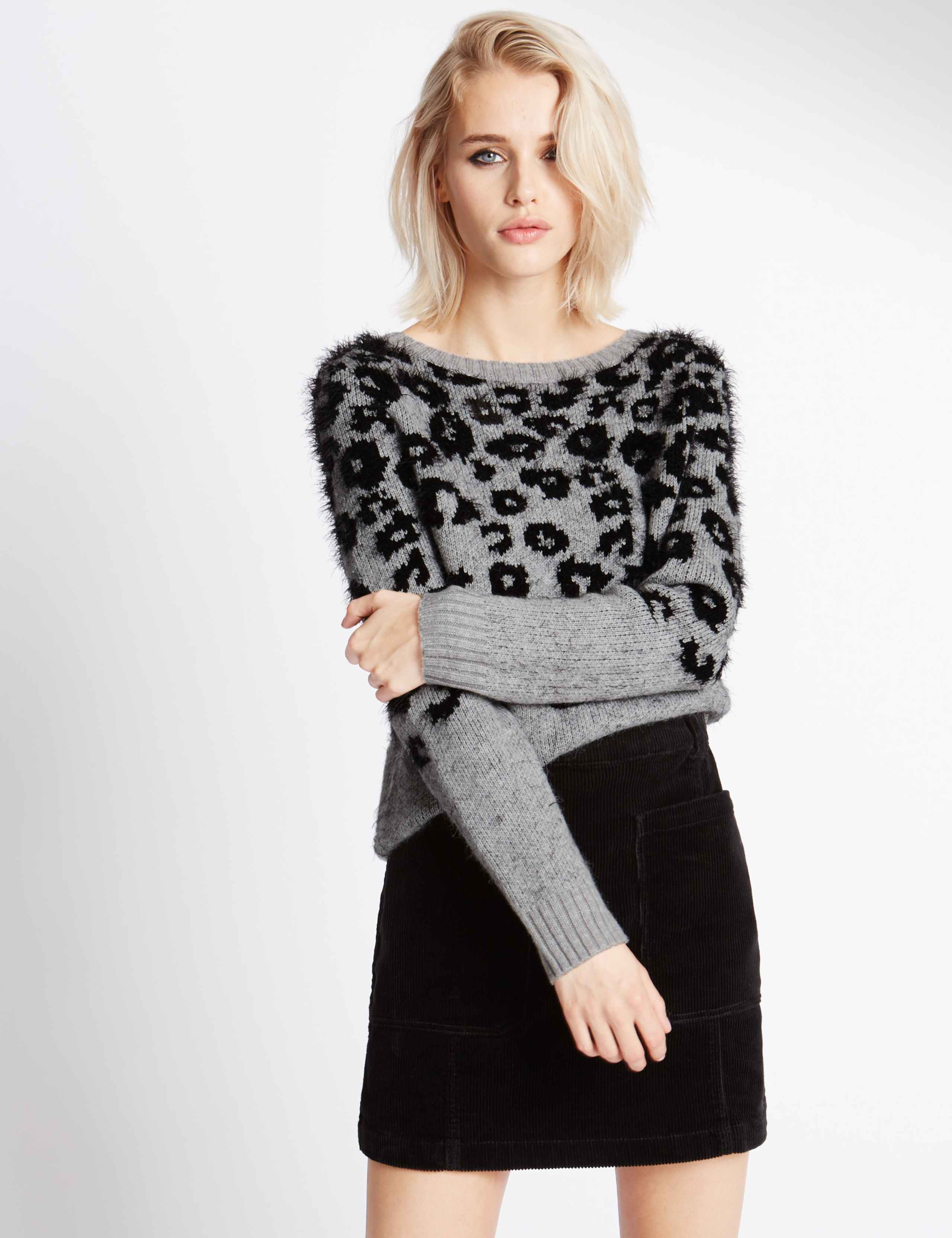 Fluffy Leopard Print Slash Neck Jumper 1 of 4
