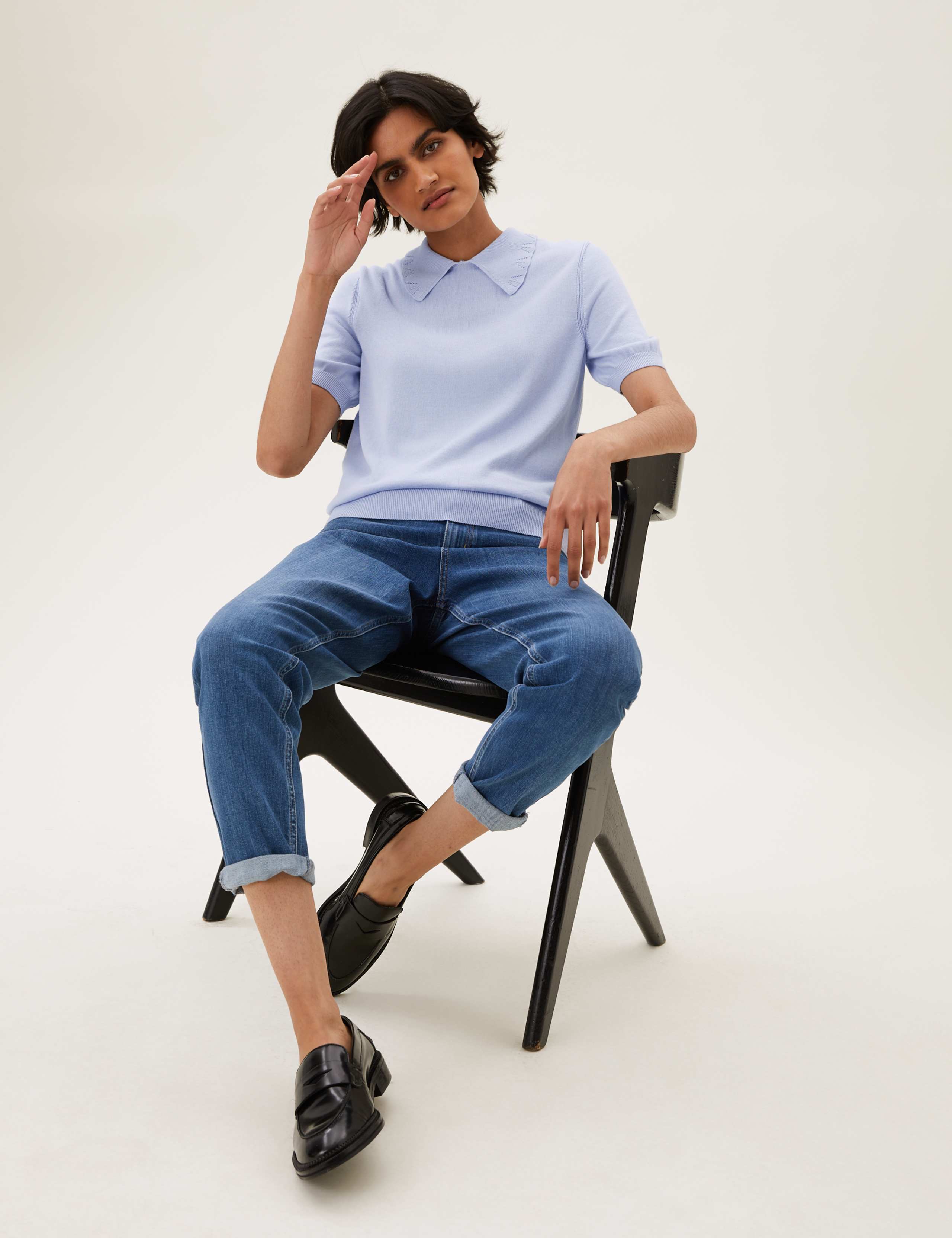 Cotton Collared Short Sleeve Knitted Top 1 of 5