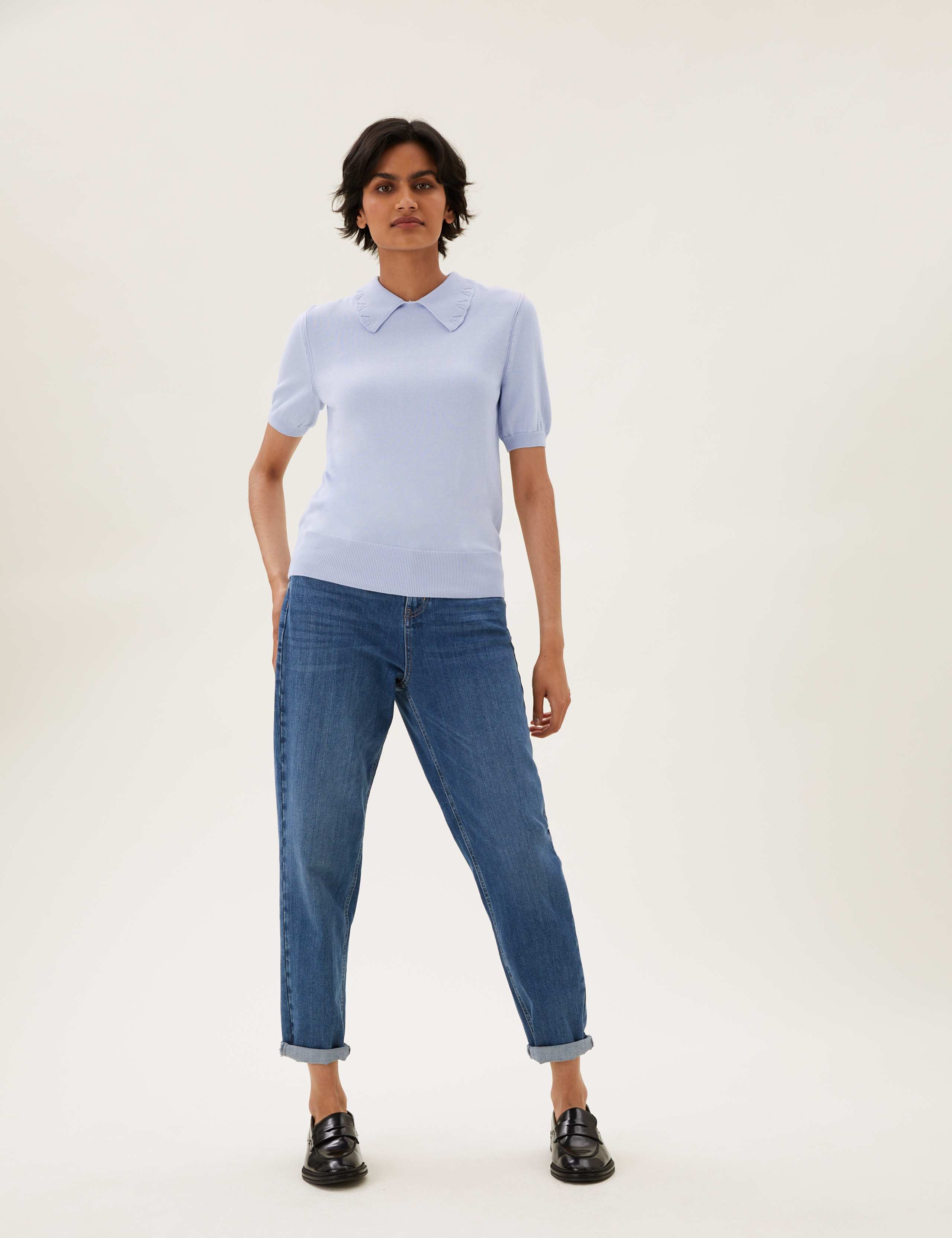 Cotton Collared Short Sleeve Knitted Top 2 of 5