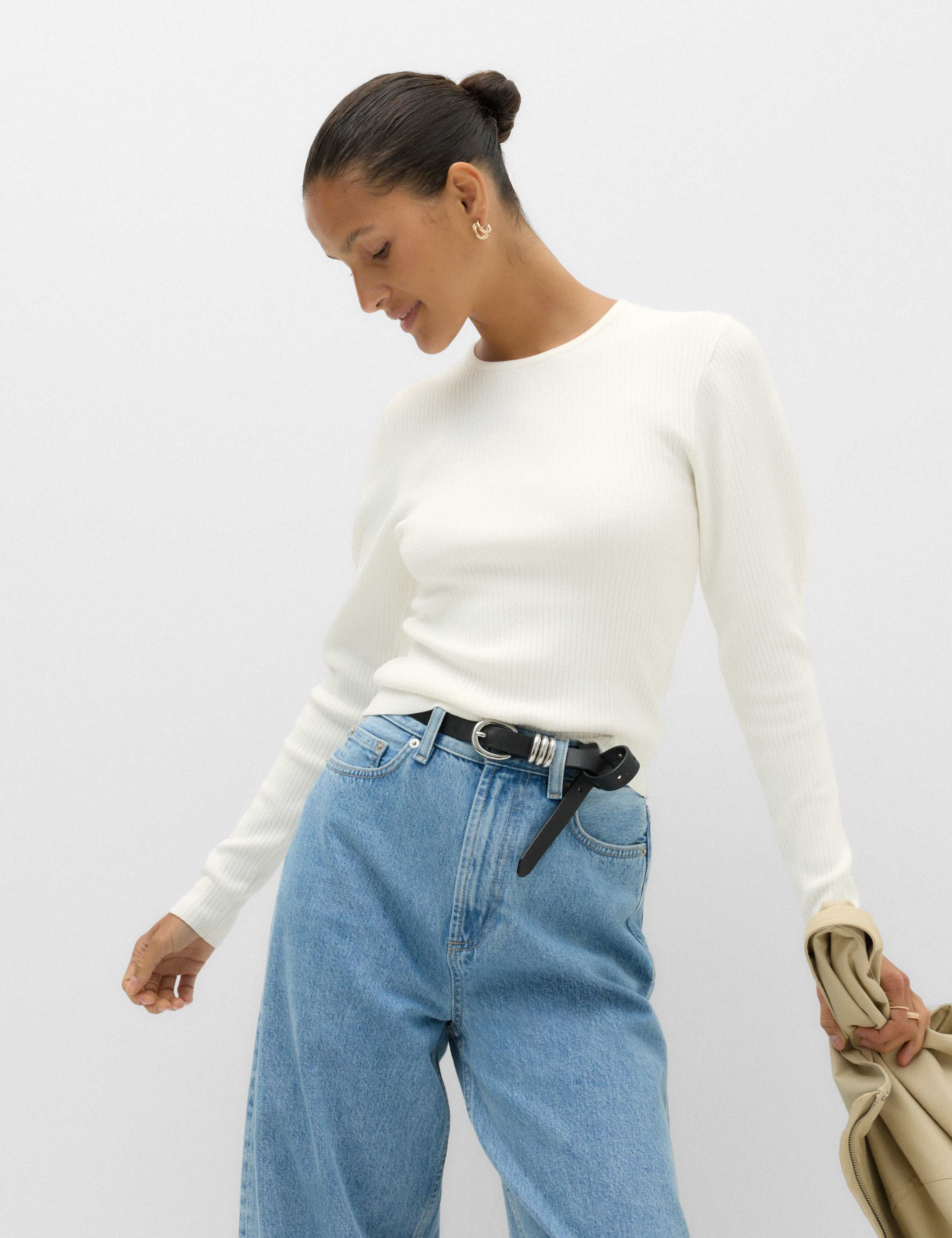 Ribbed Crew Neck Fitted Knitted Top 1 of 6