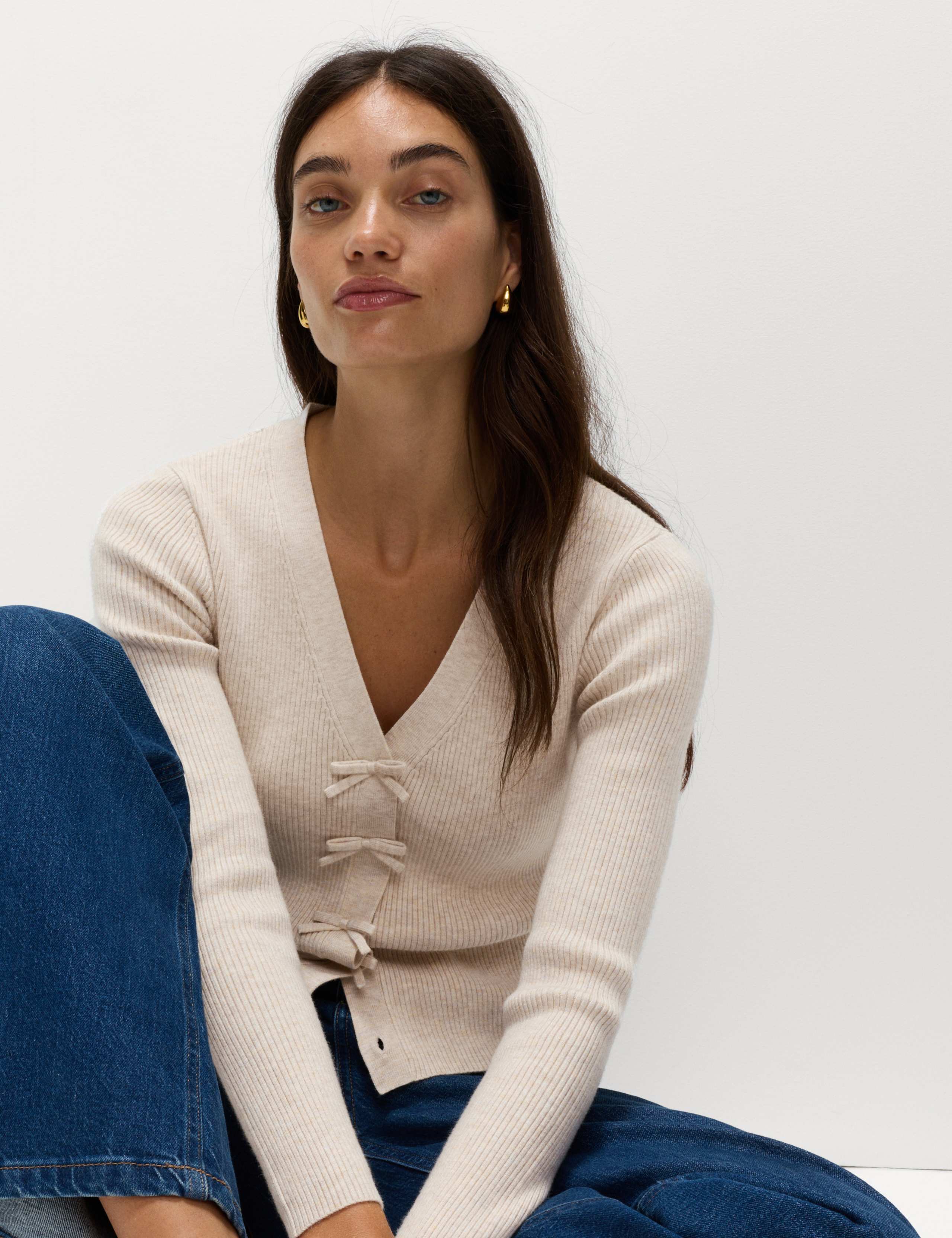 Ribbed V-Neck Bow Detail Cardigan 5 of 5