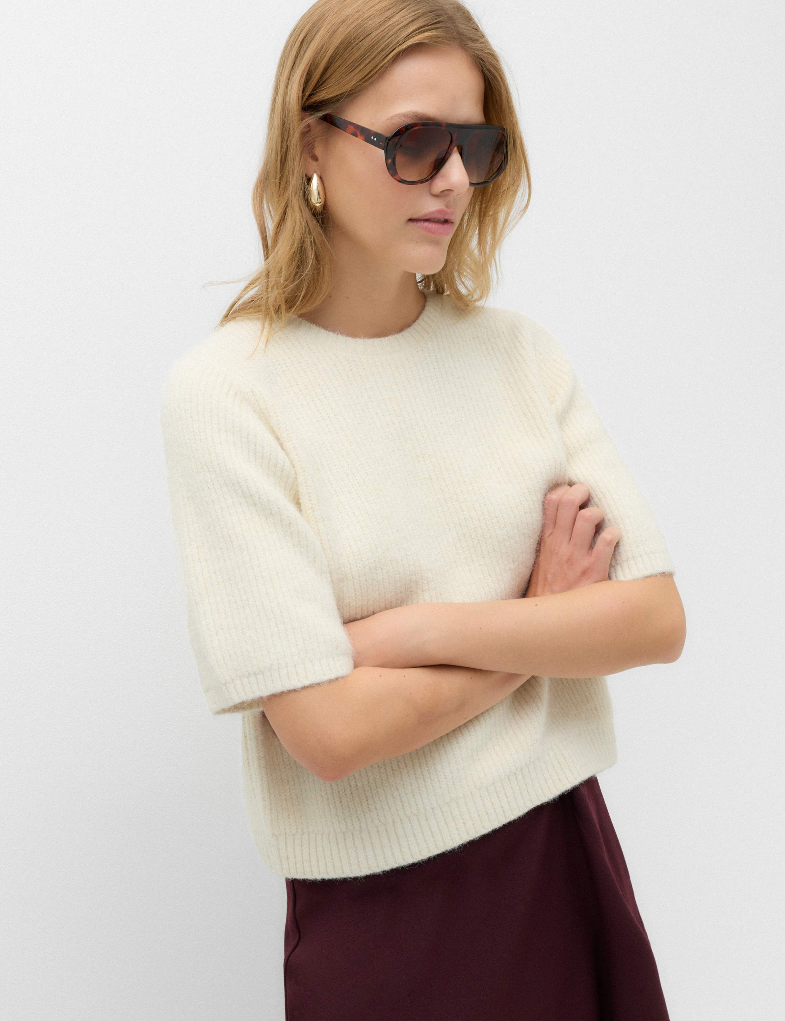 Ribbed Crew Neck Relaxed Knitted Top with Wool 1 of 5