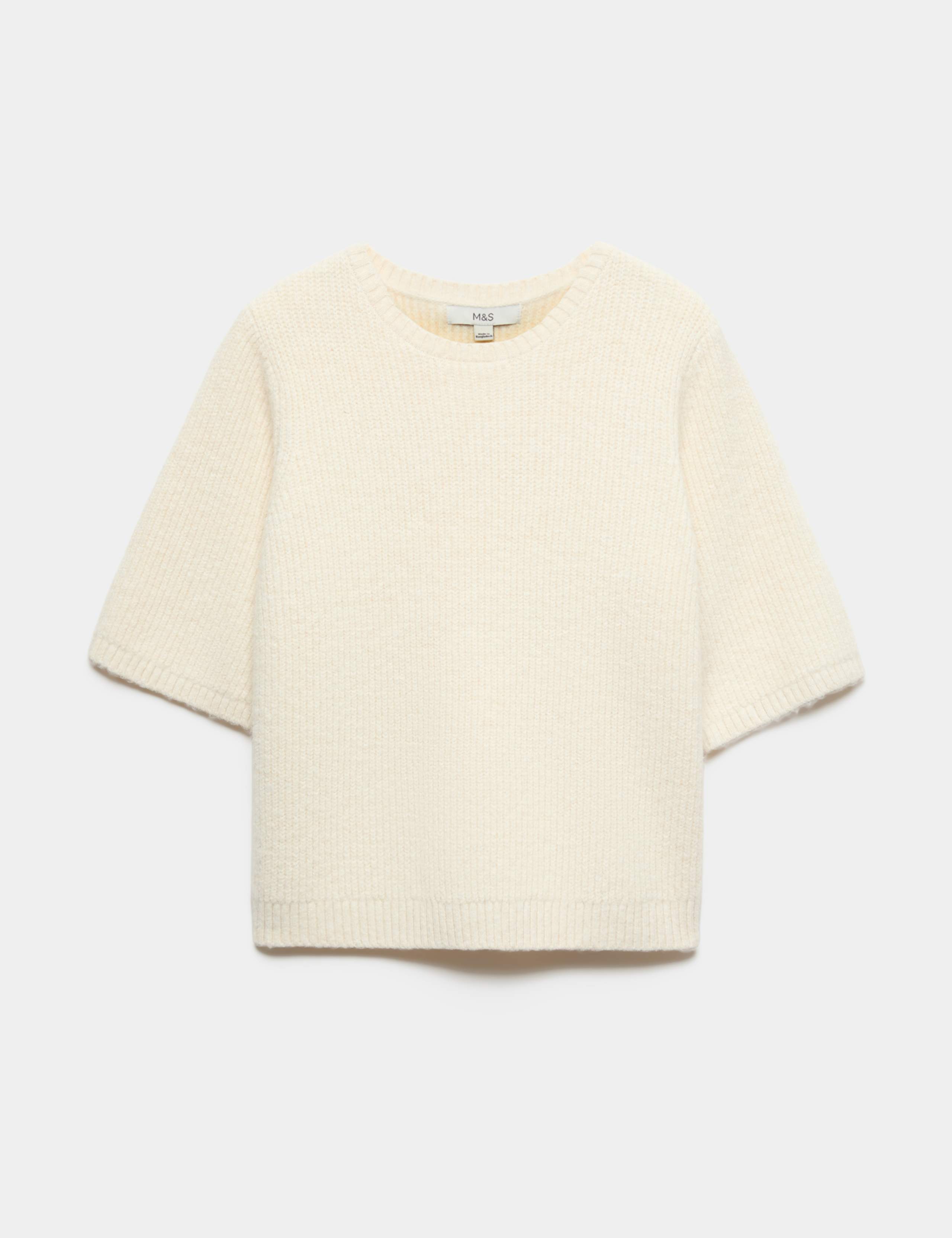 Ribbed Crew Neck Relaxed Knitted Top with Wool 2 of 5