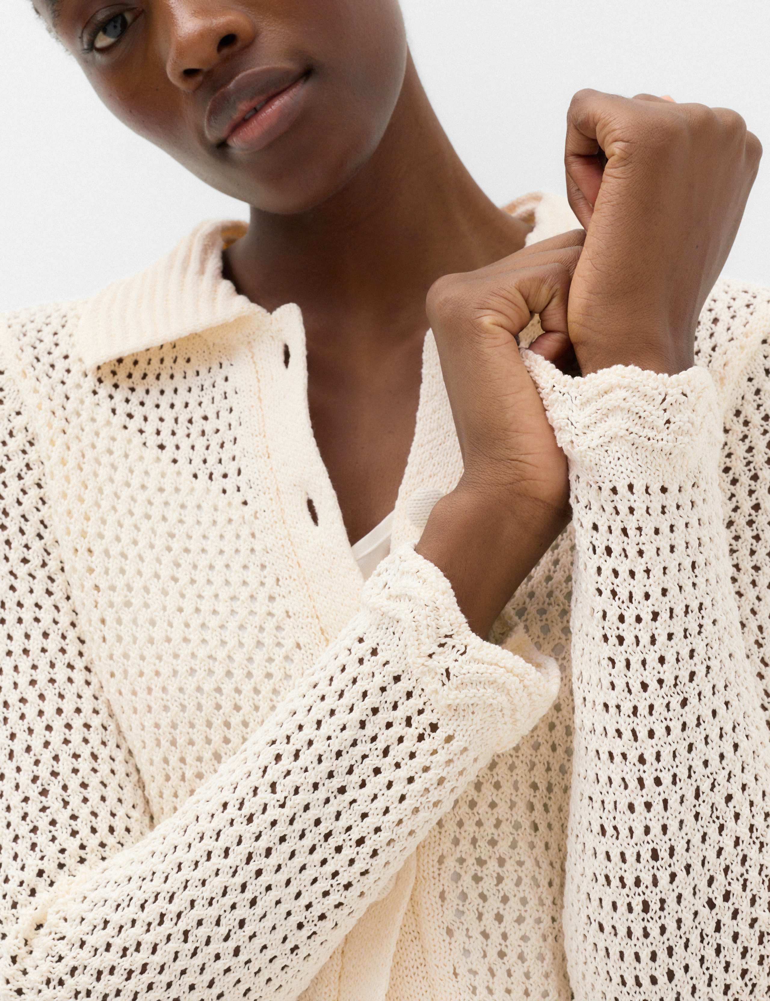 Cotton Blend Crochet-Style Collared Cardigan 4 of 5