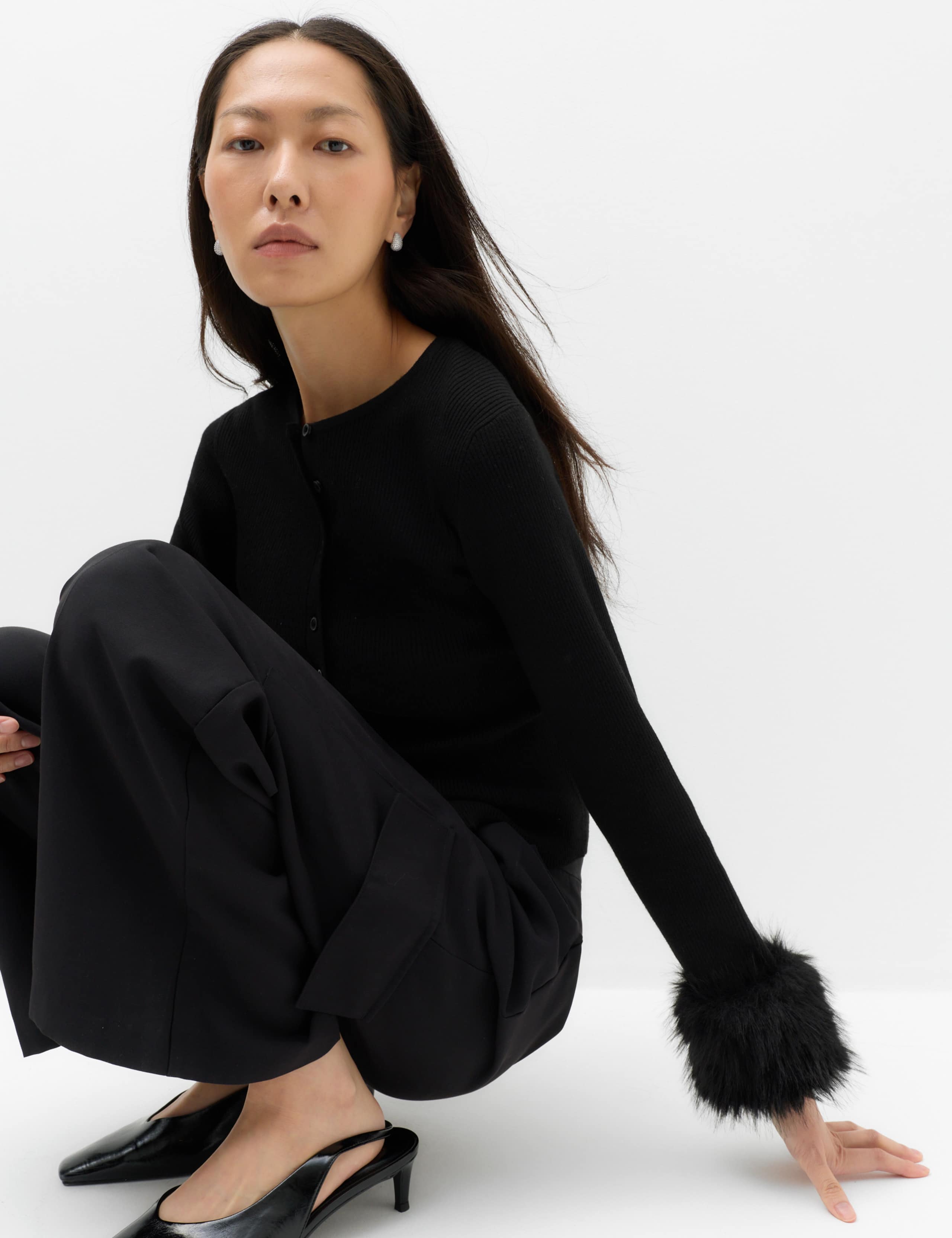 Faux Fur Cuff Crew Neck Fitted Cardigan with Wool 1 of 7