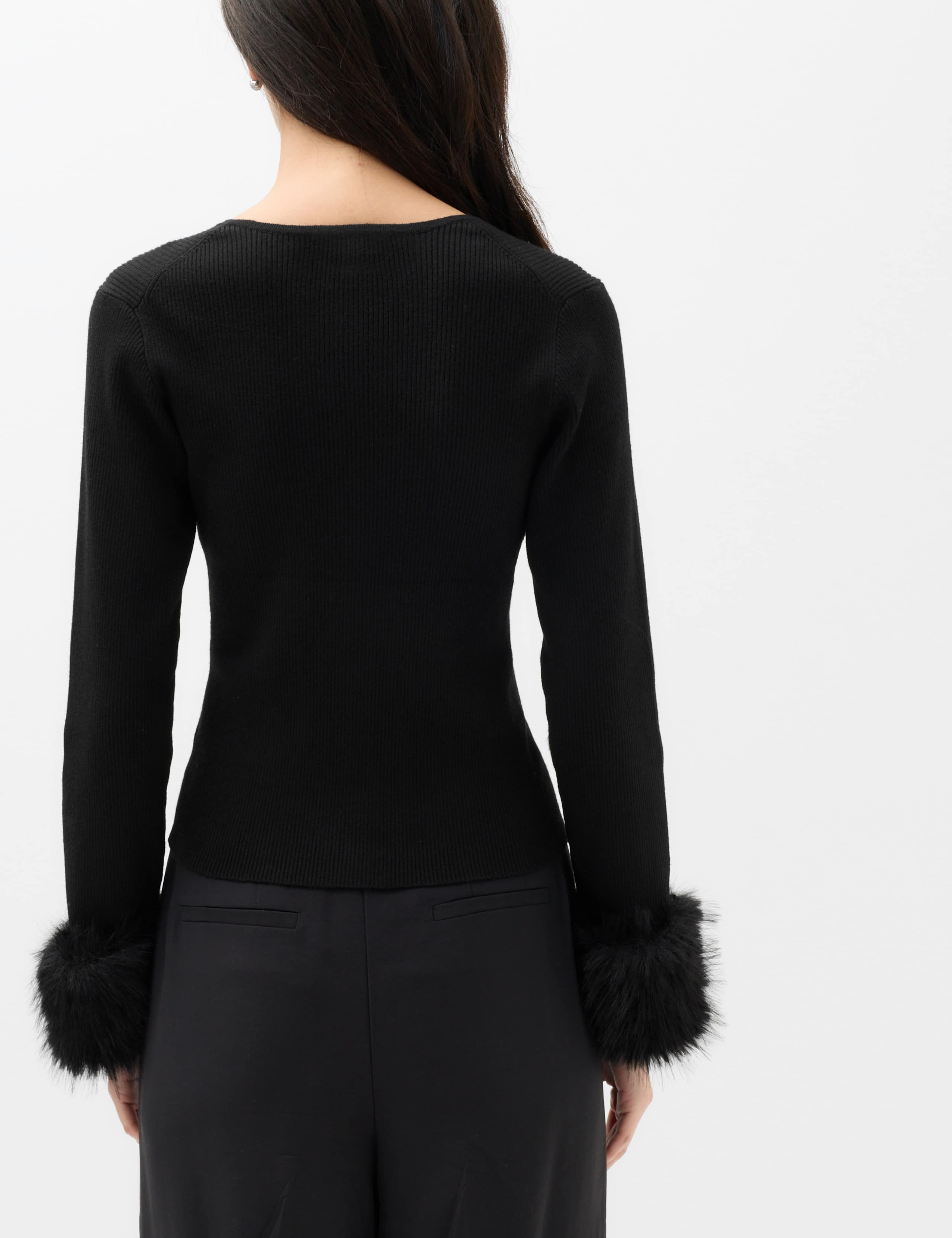 Faux Fur Cuff Crew Neck Fitted Cardigan with Wool 4 of 7