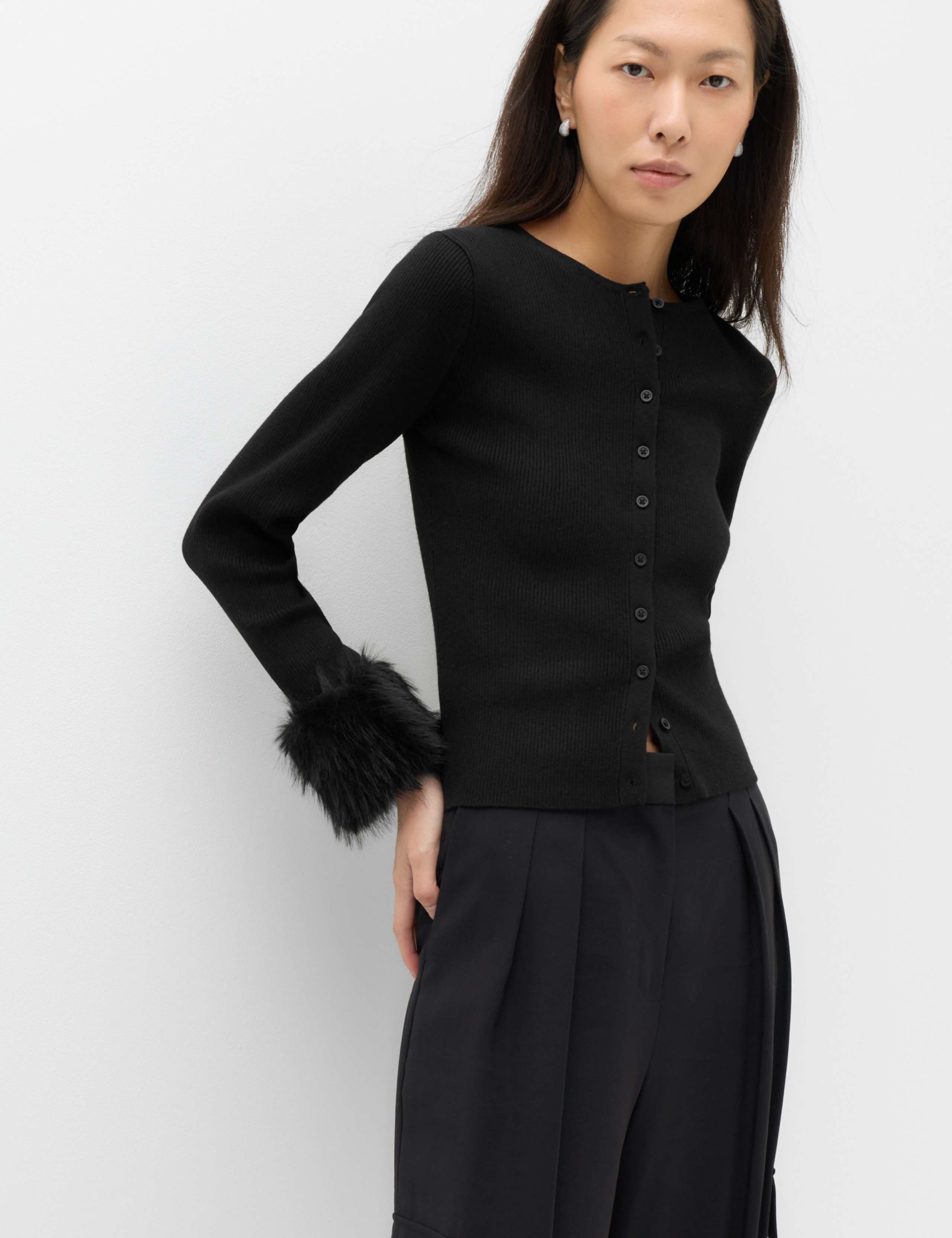 Faux Fur Cuff Crew Neck Fitted Cardigan with Wool 5 of 7