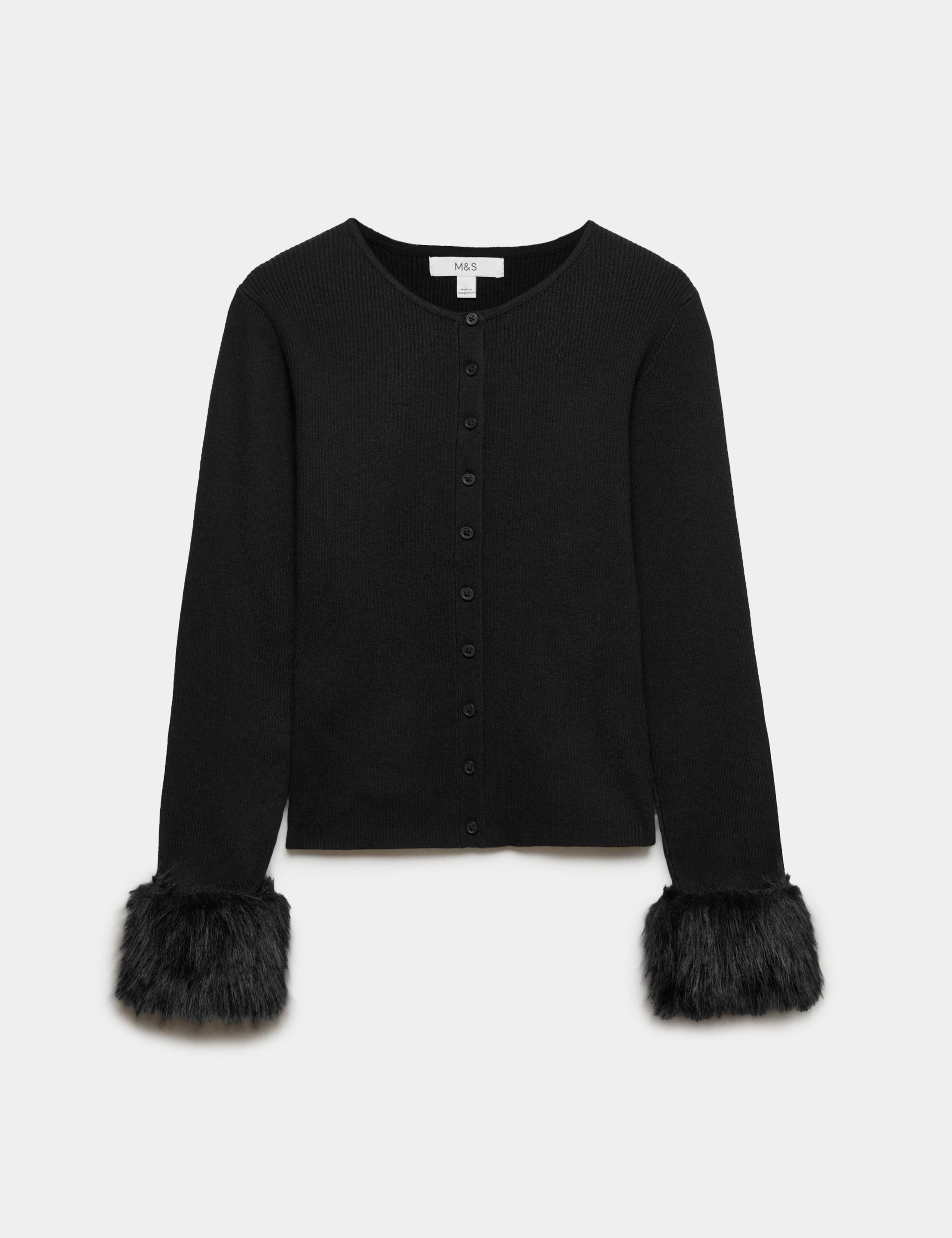 Faux Fur Cuff Crew Neck Fitted Cardigan with Wool 2 of 7