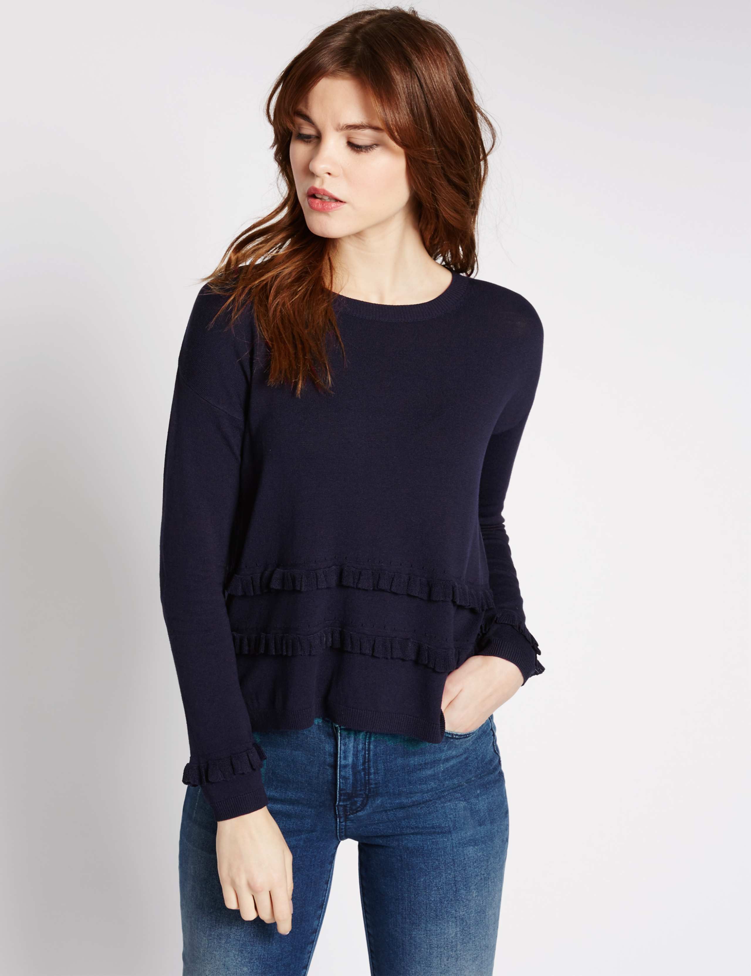 Textured Crop Frilled Round Neck Jumper 1 of 4