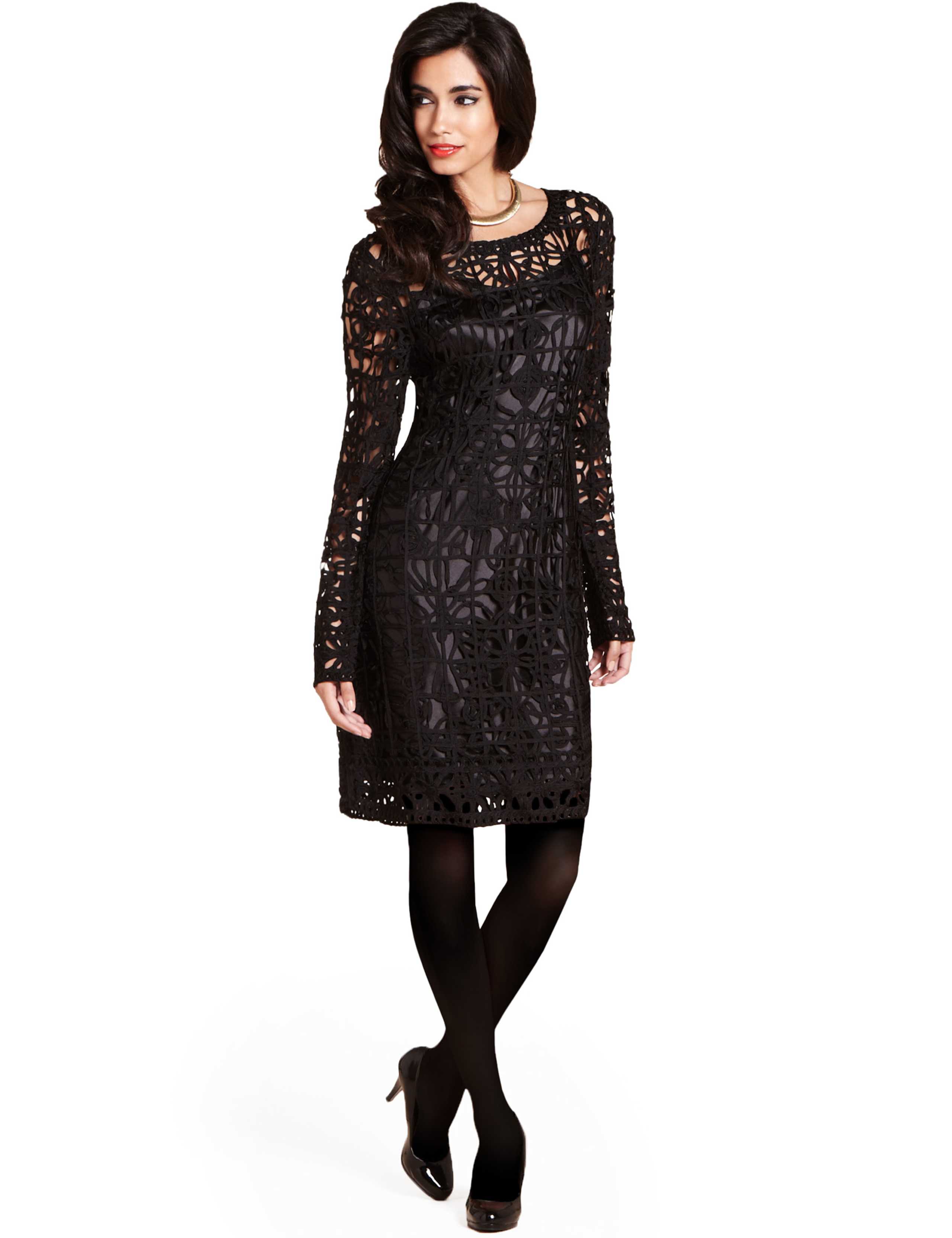 Round Neck Long Sleeve Cornelli Knitted Dress 1 of 1