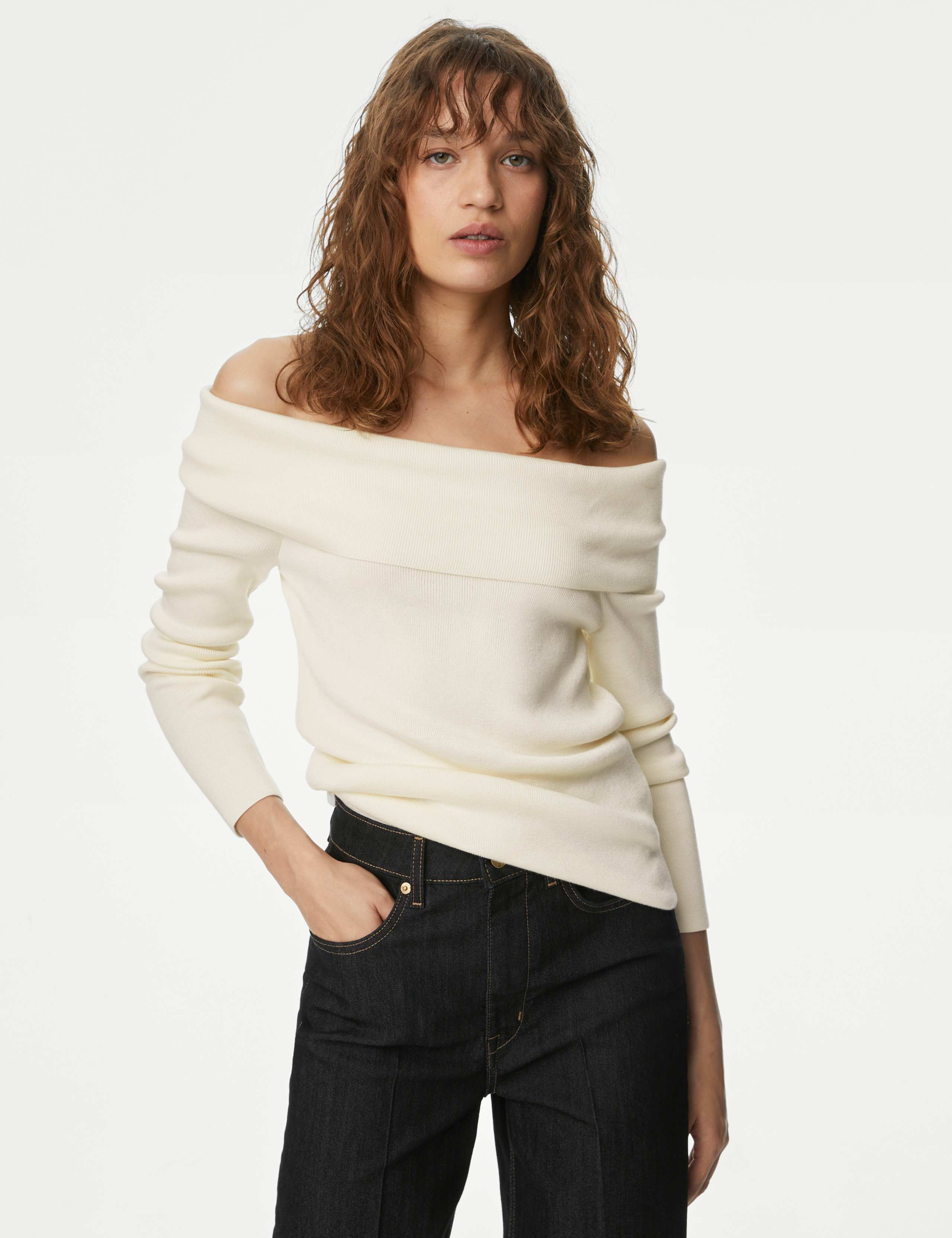 Ribbed Knitted Bardot Top 1 of 6