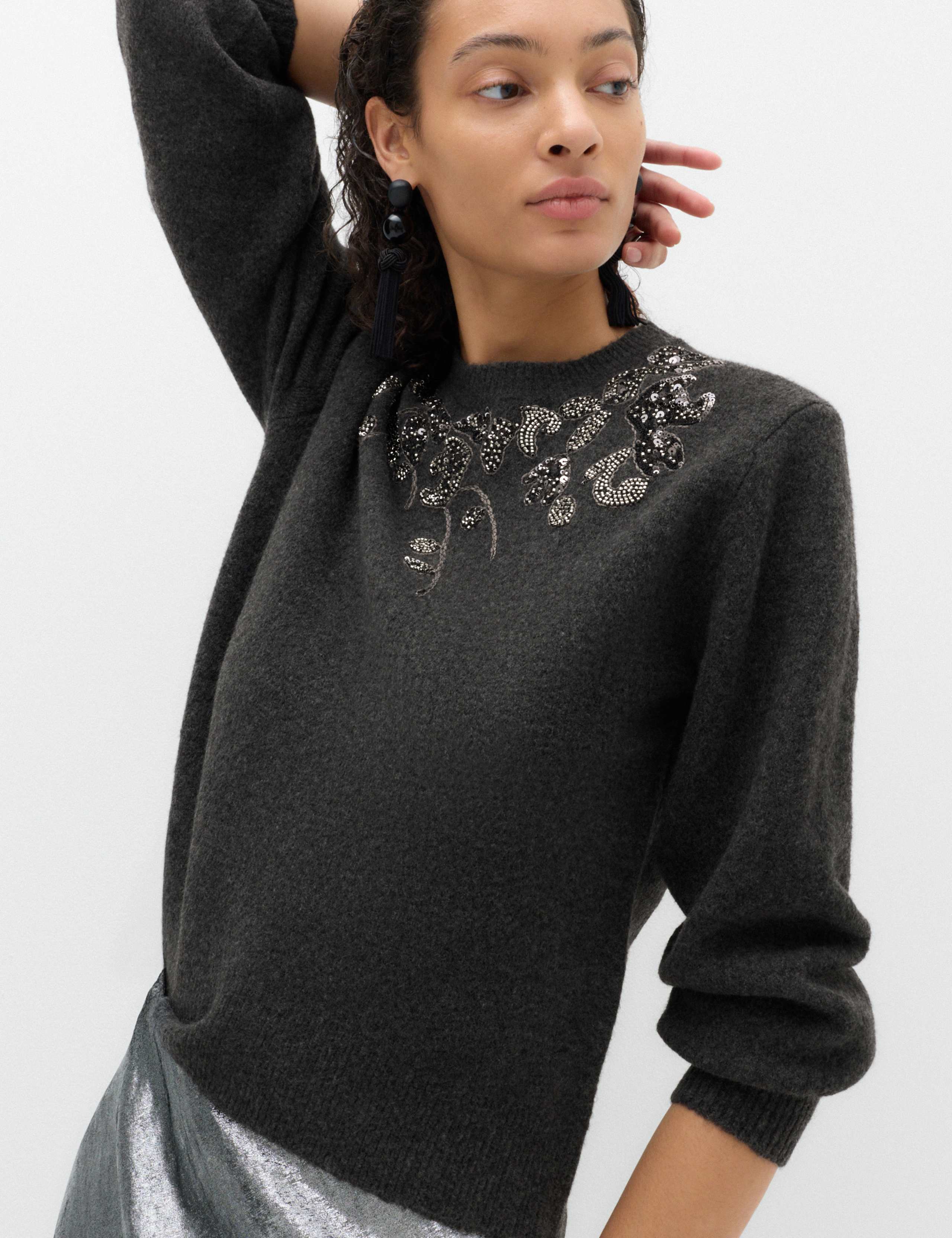 Embellished Crew Neck Jumper with Wool 1 of 6