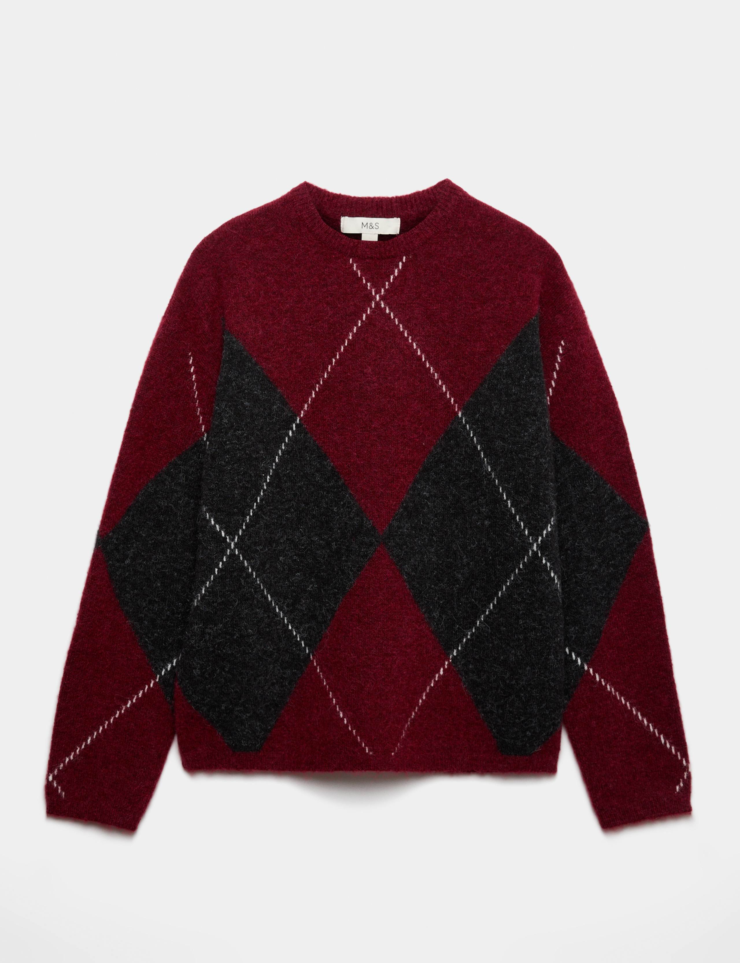 Argyle Crew Neck Oversized Jumper With Wool 2 of 6