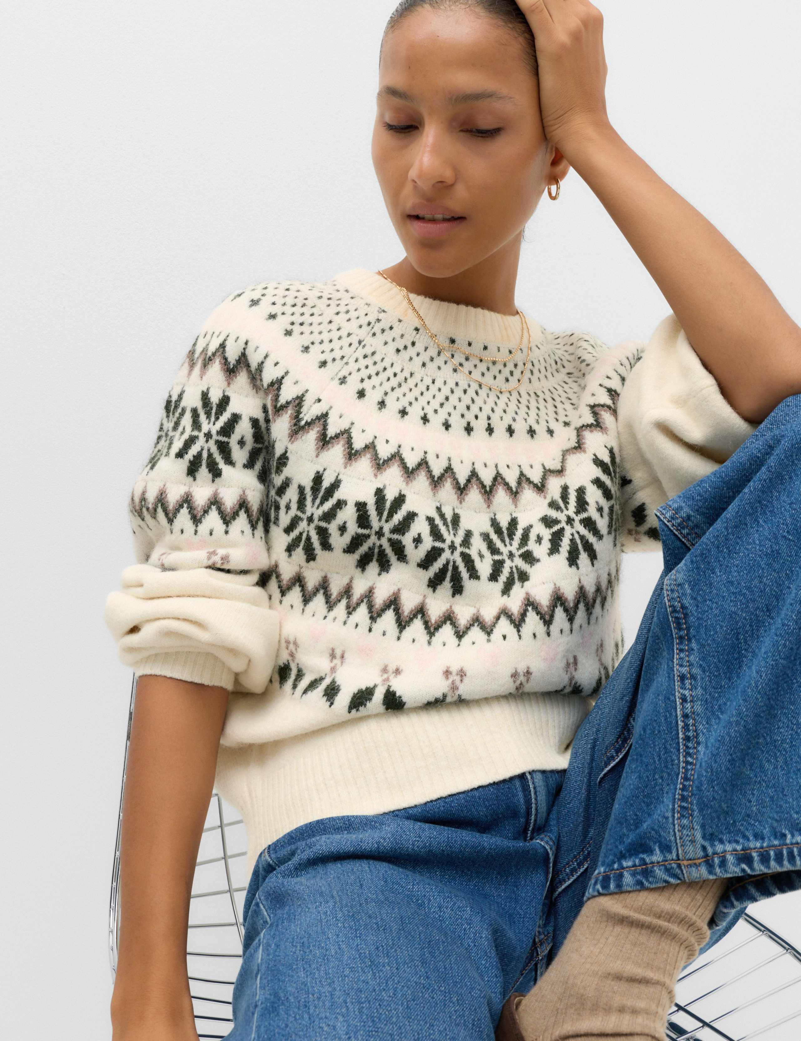 Fair Isle Crew Neck Relaxed Jumper with Wool 7 of 7