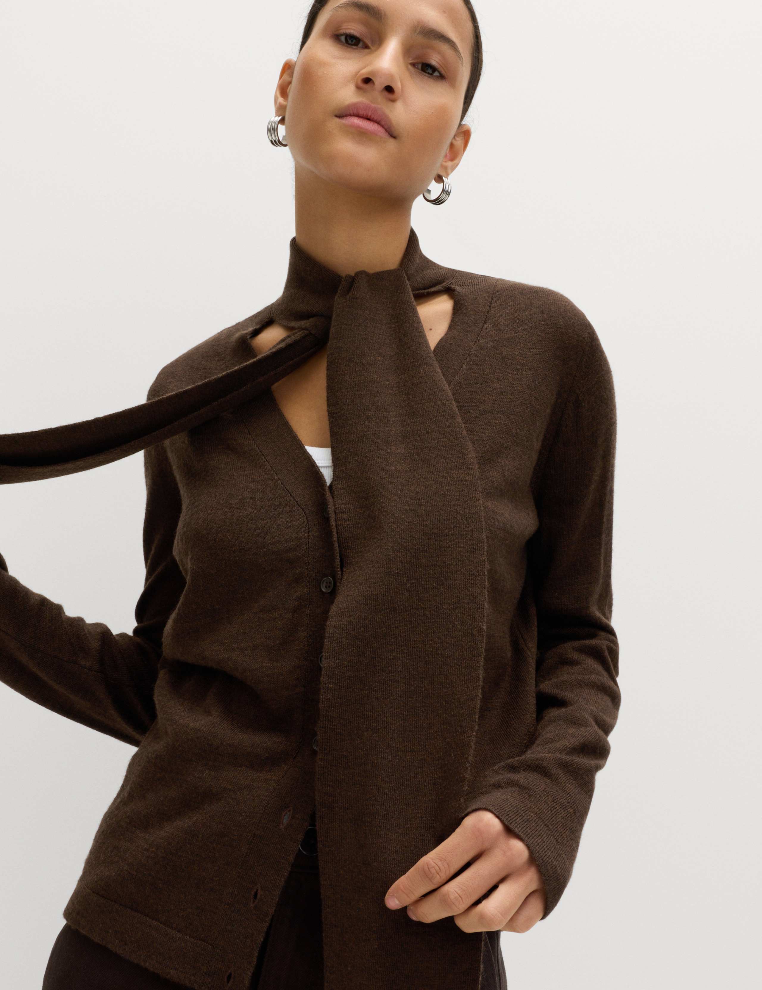 Textured Scarf Neck Button Through Cardigan with Wool 1 of 6