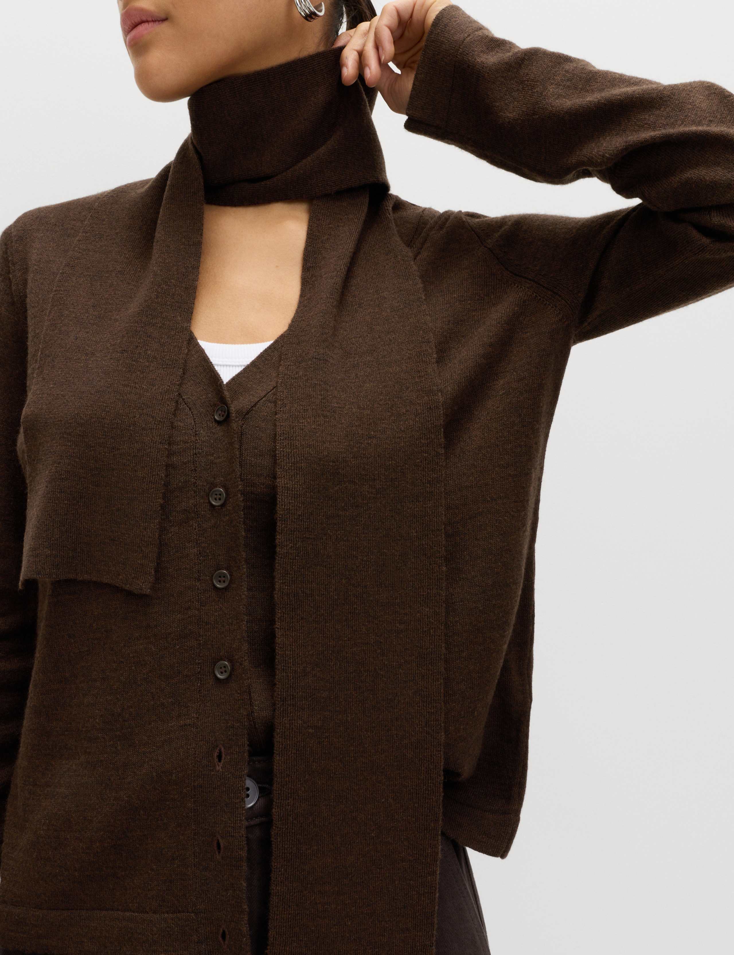 Textured Scarf Neck Button Through Cardigan with Wool 3 of 6