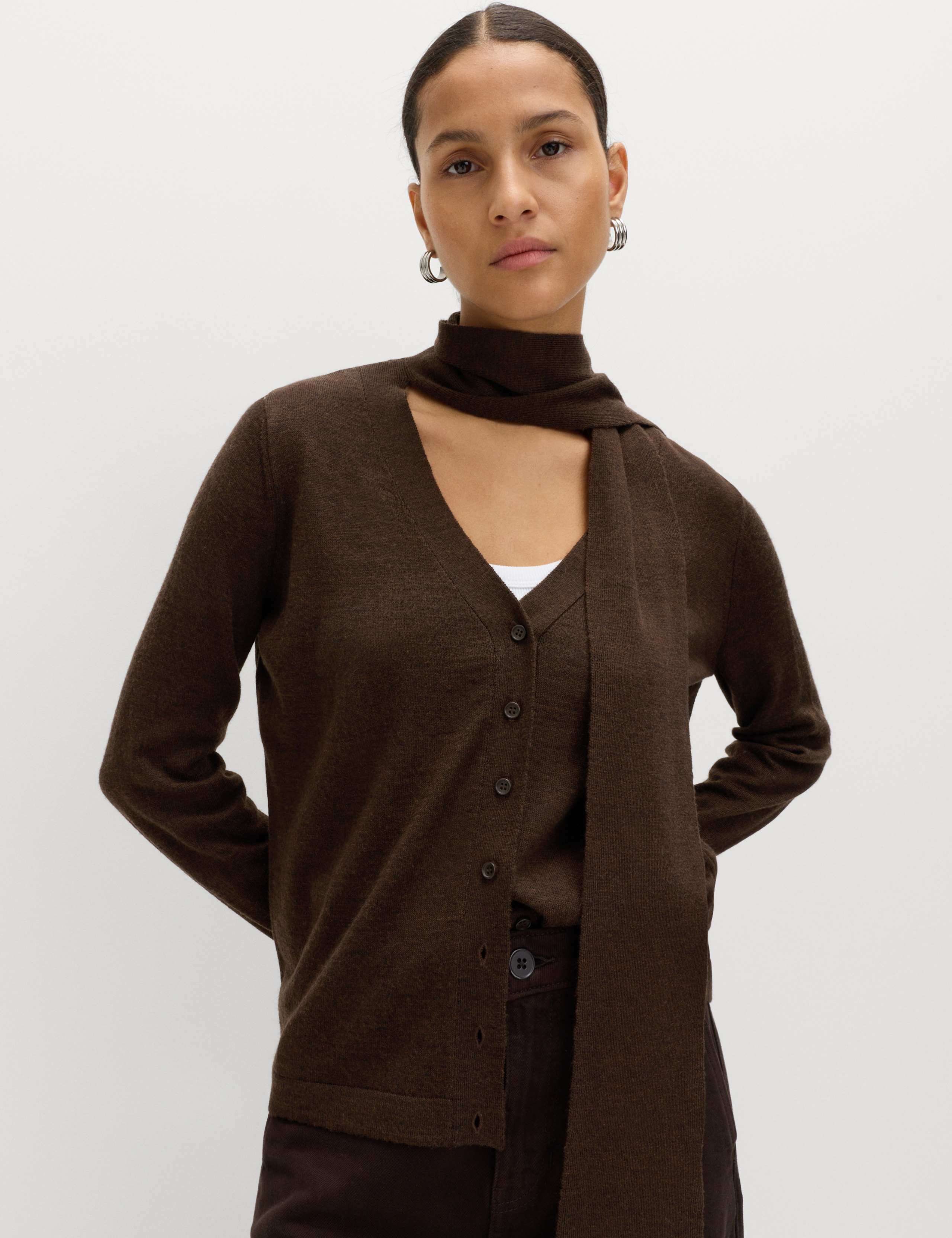 Textured Scarf Neck Button Through Cardigan with Wool 5 of 6