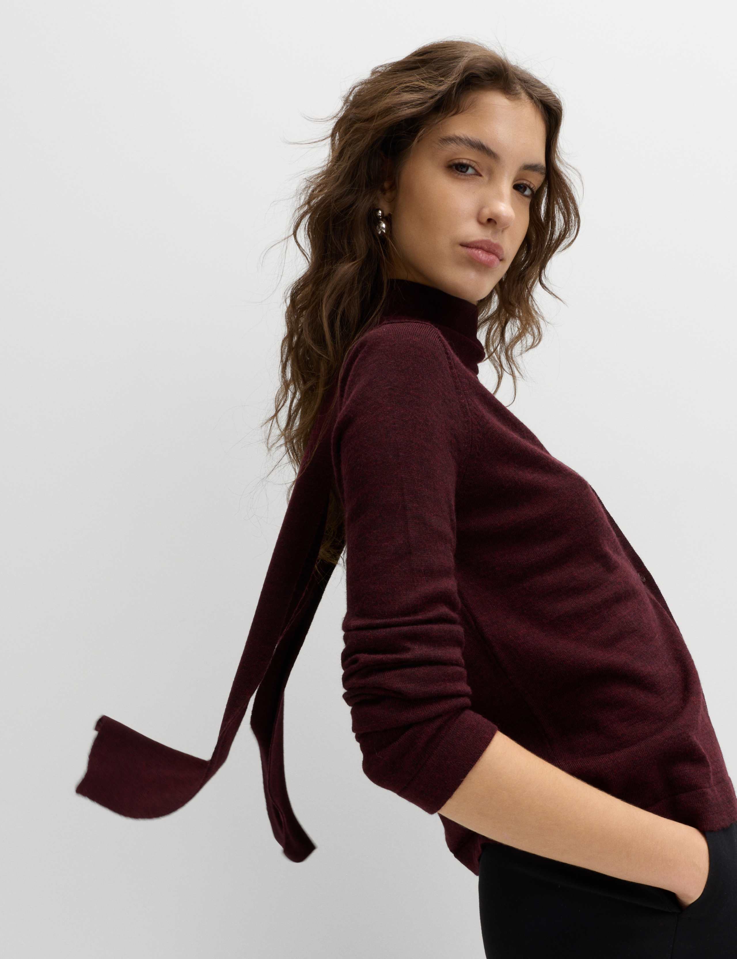 Textured Scarf Neck Button Through Cardigan with Wool 1 of 5