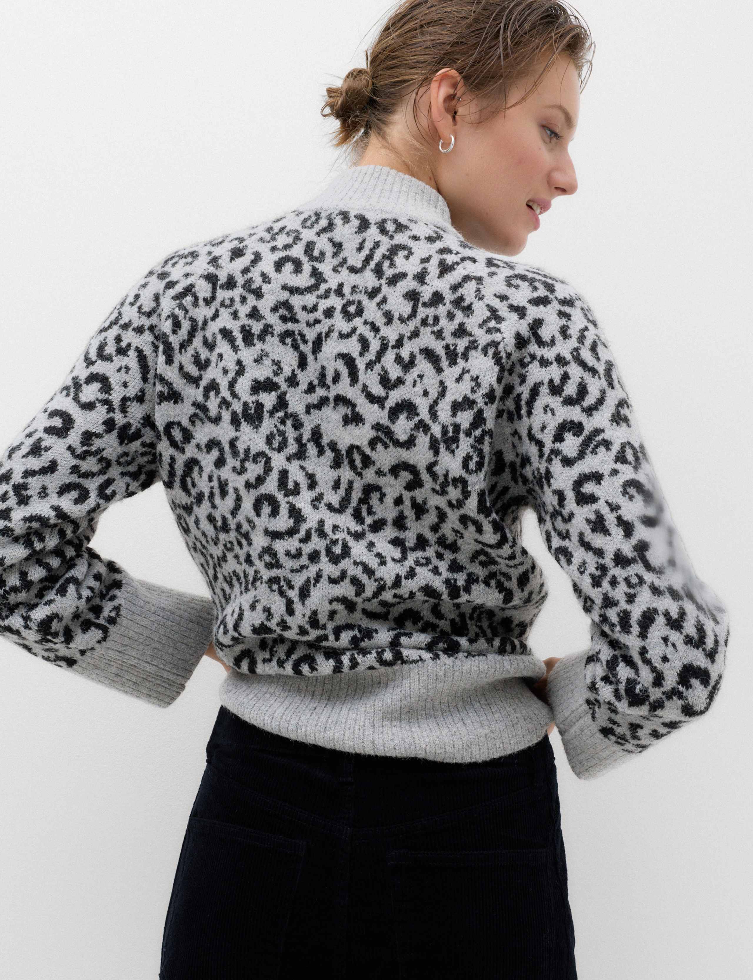 Animal Print Funnel Neck Relaxed Fit Jumper with Wool 4 of 6